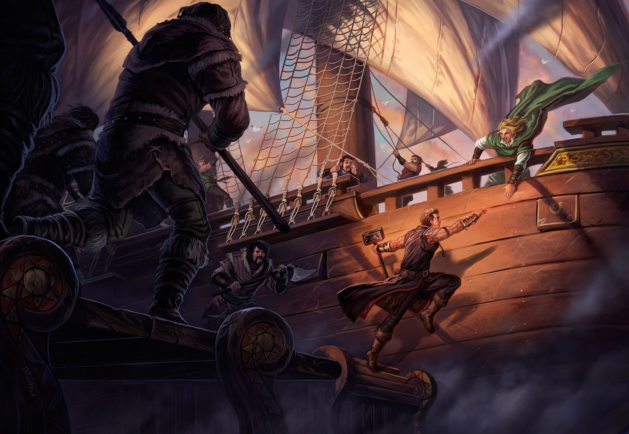 Fantasy warriors battling on a ship deck HD Wallpaper