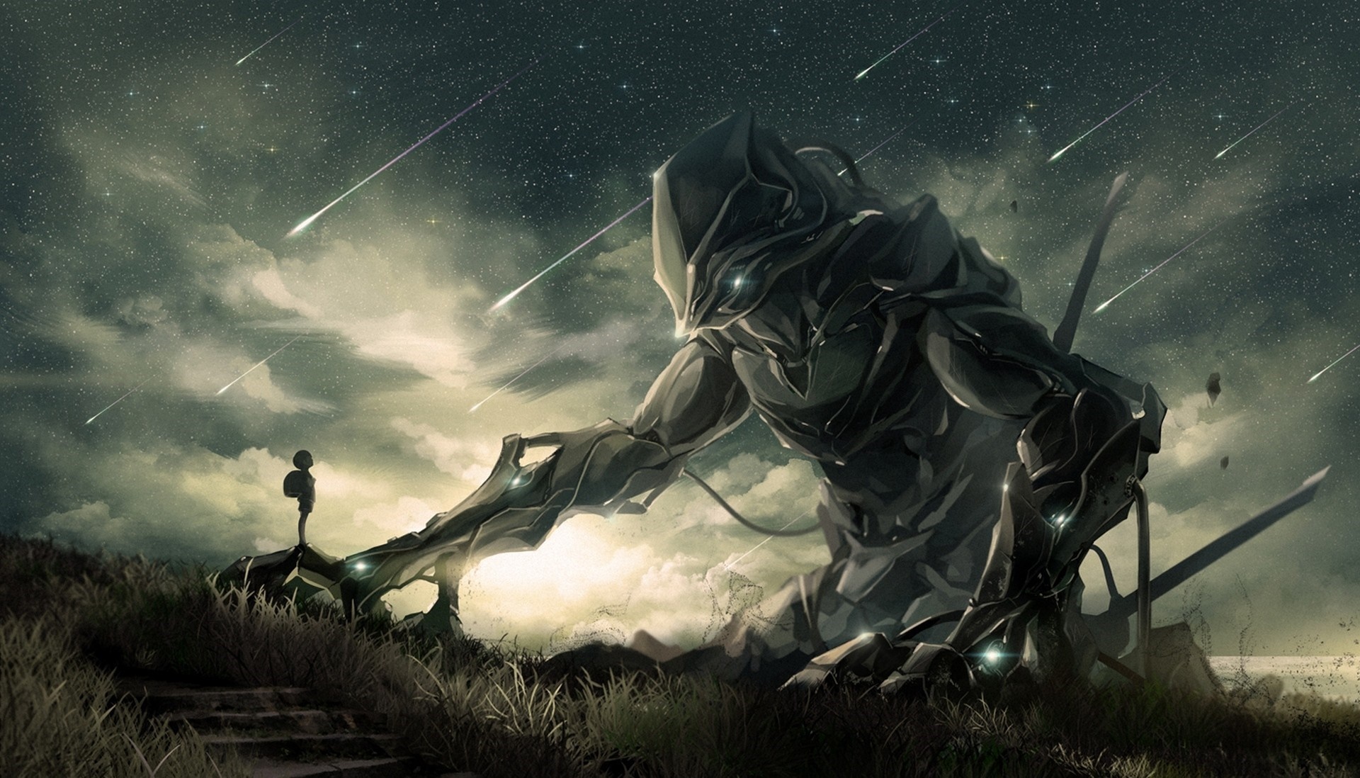 Giant mech and small figure under meteor shower HD Wallpaper
