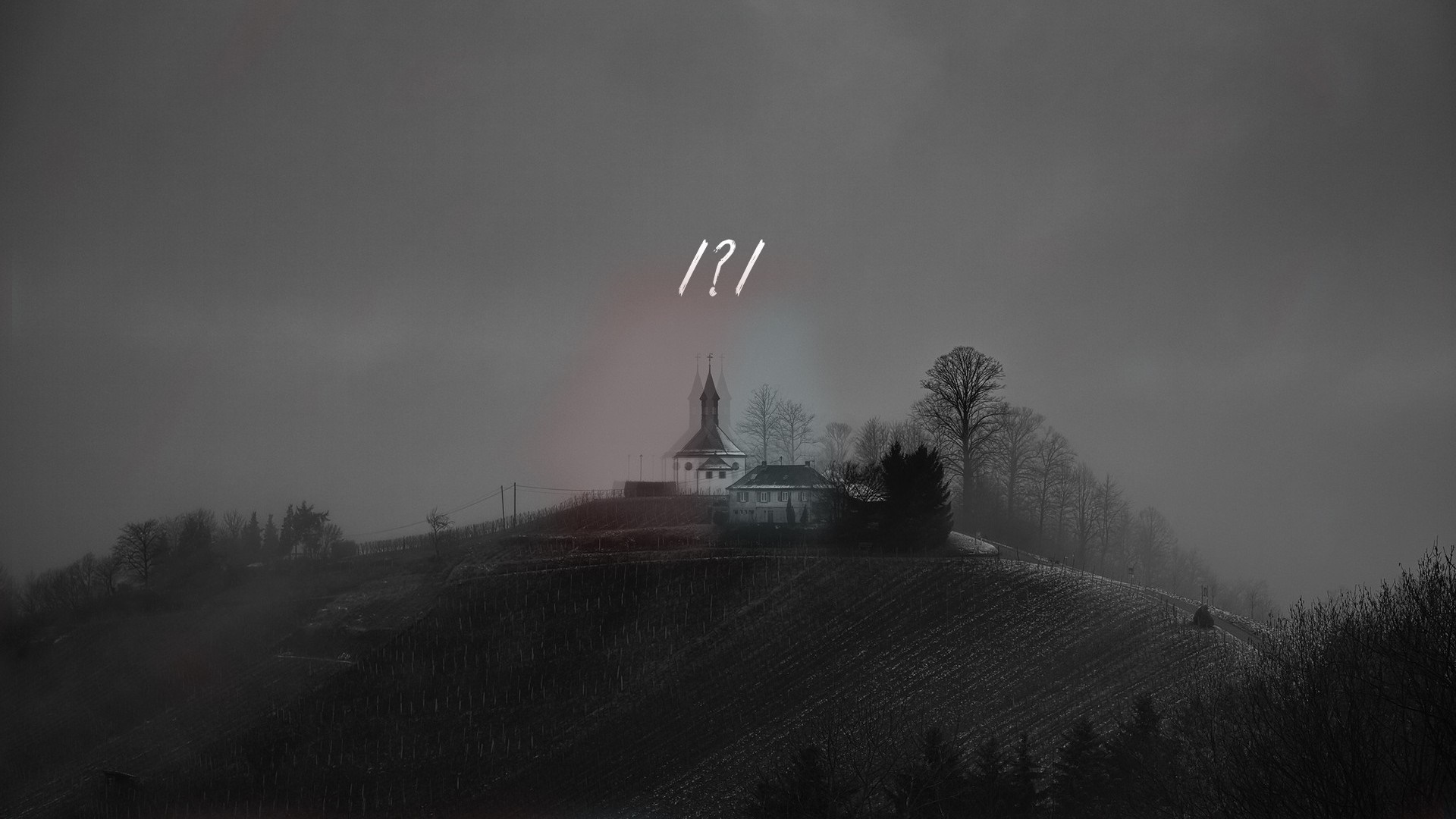 Church on a hill with text "!?/!" HD Wallpaper