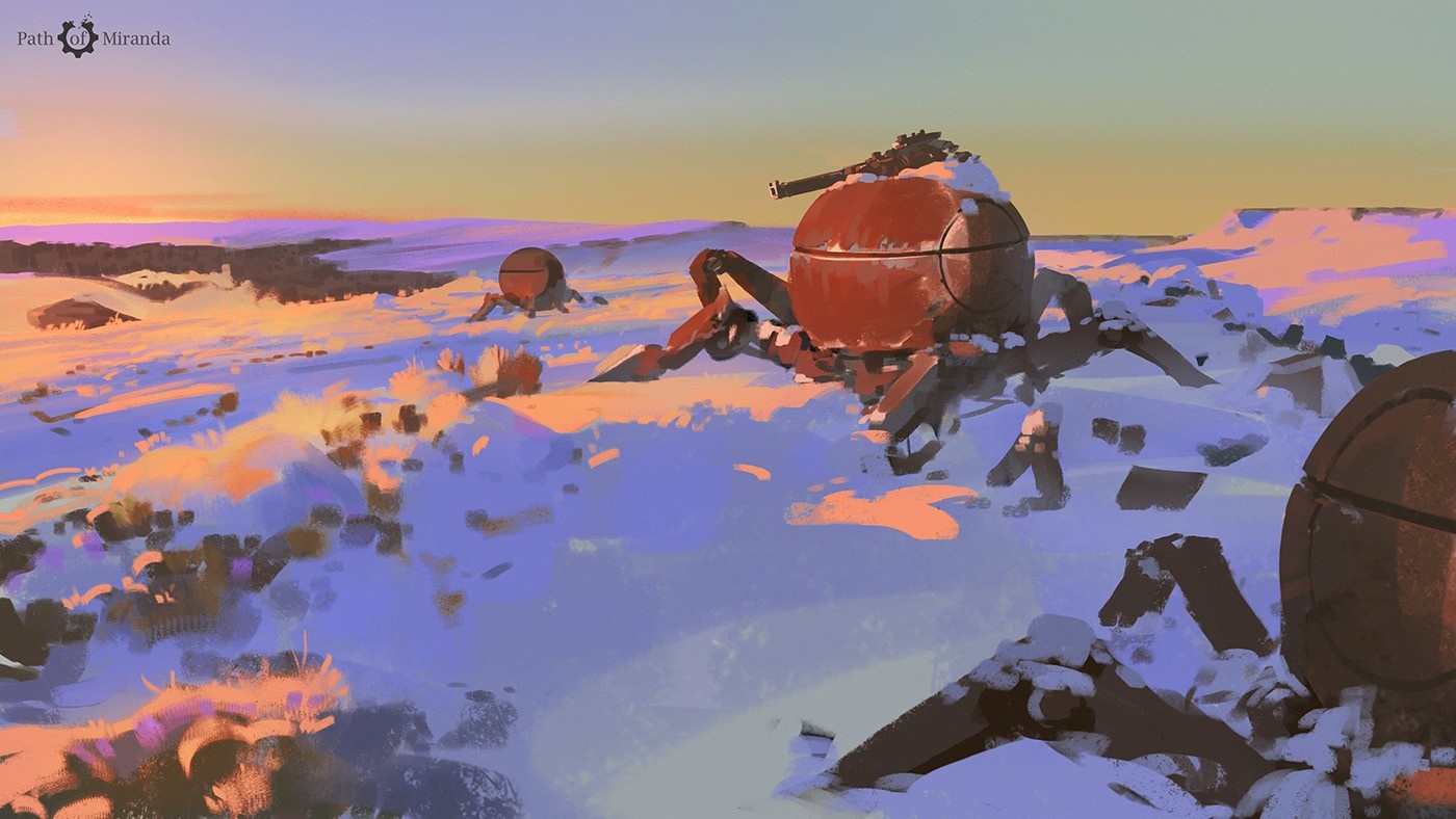 Science fiction landscape with robotic creatures in snow HD Wallpaper