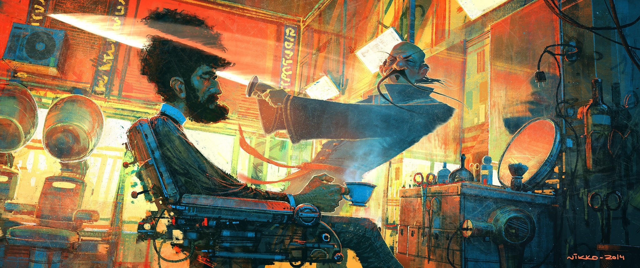 Barber shop scene with two men HD Wallpaper