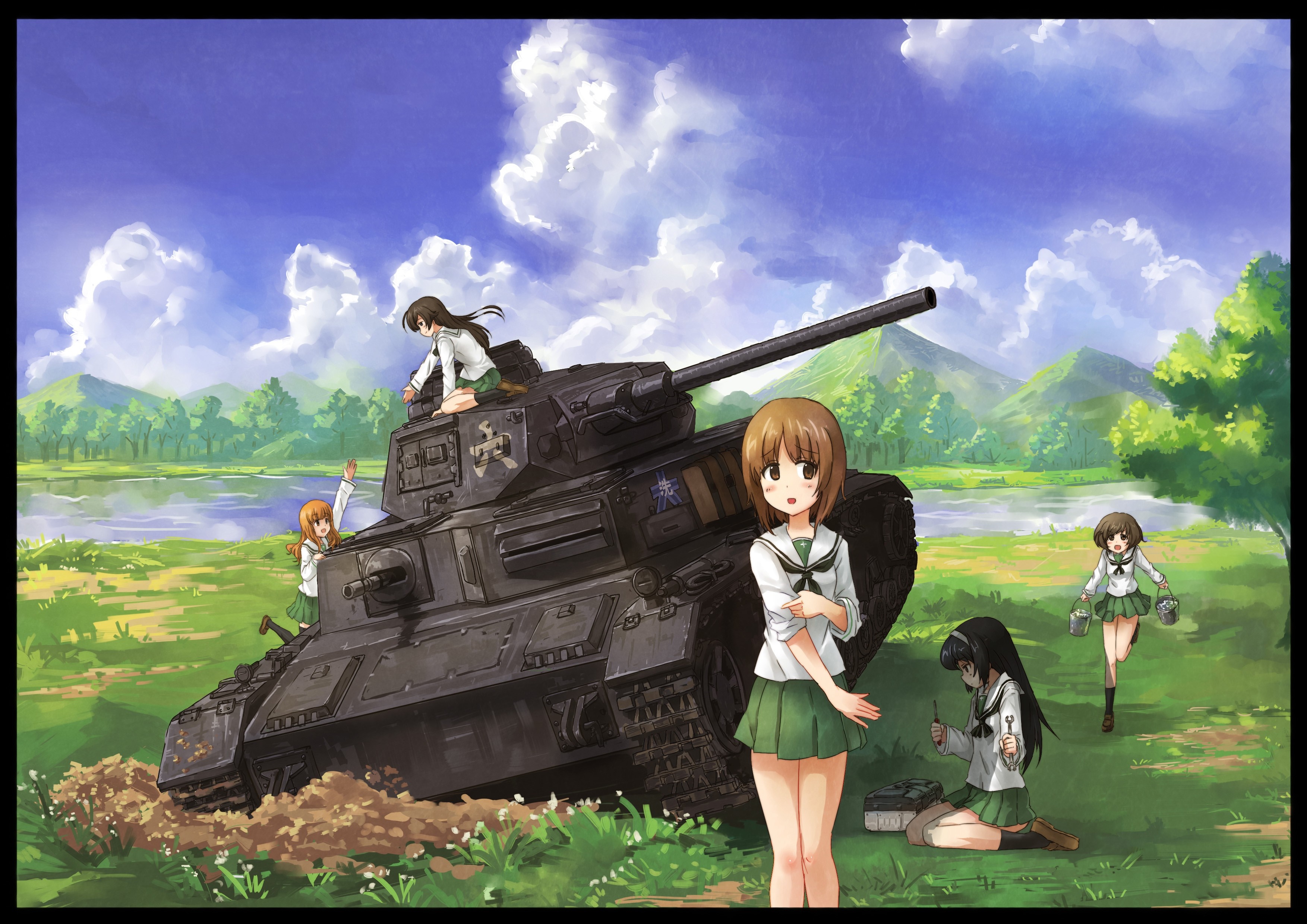 Girls und Panzer characters with a tank HD Wallpaper