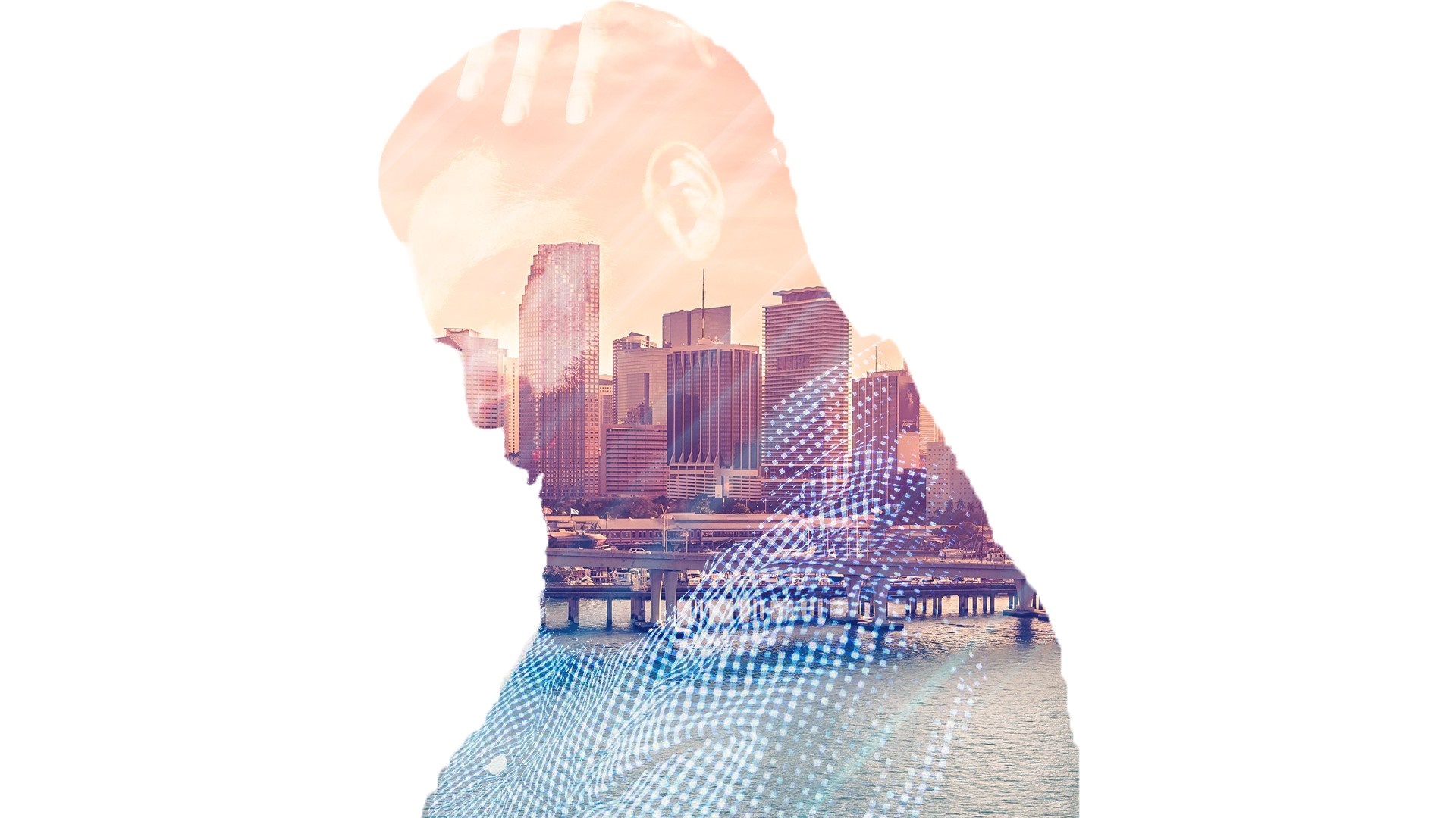 Double exposure of man's head with city skyline HD Wallpaper