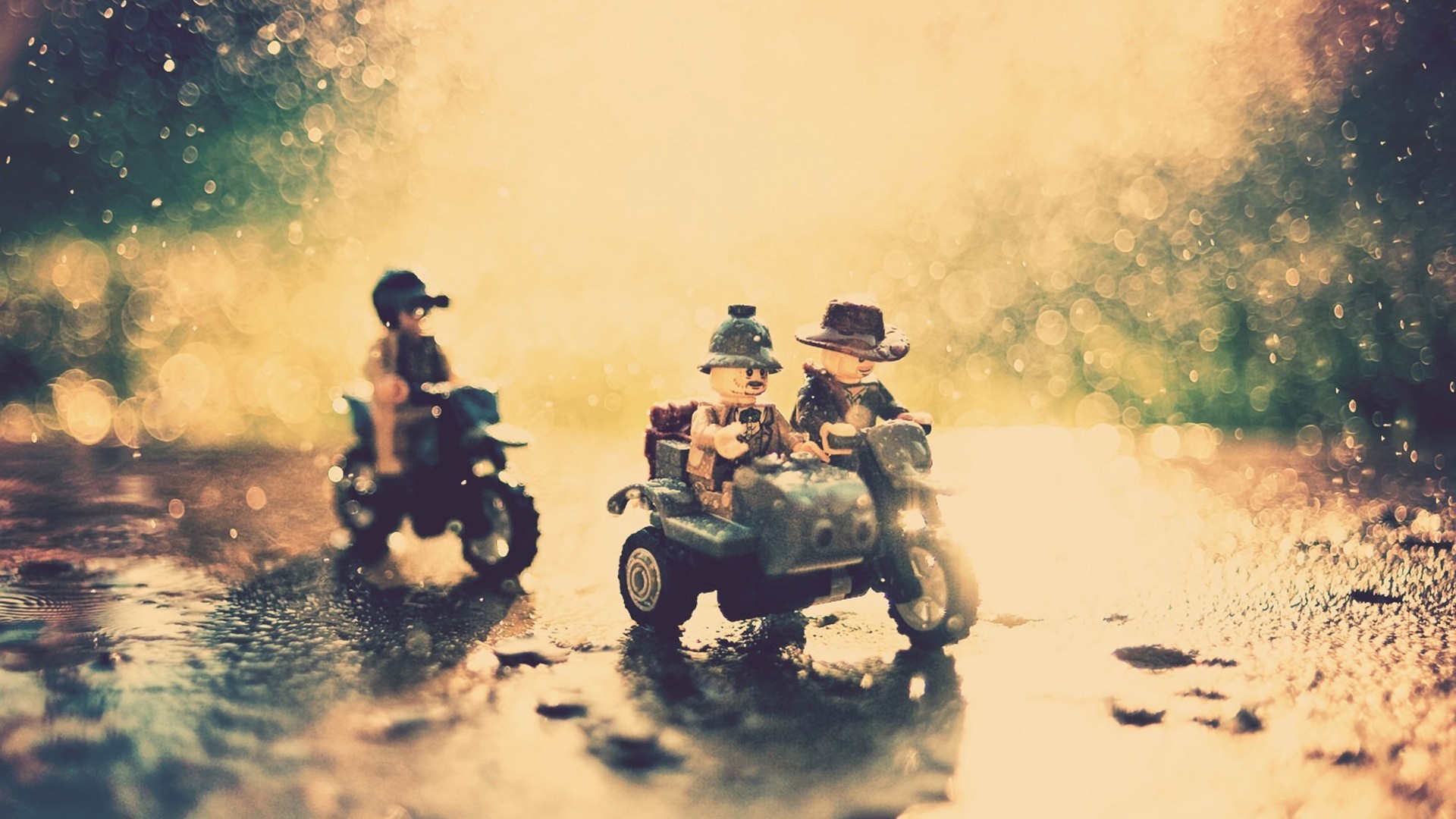 LEGO figures on motorcycles in the rain HD Wallpaper