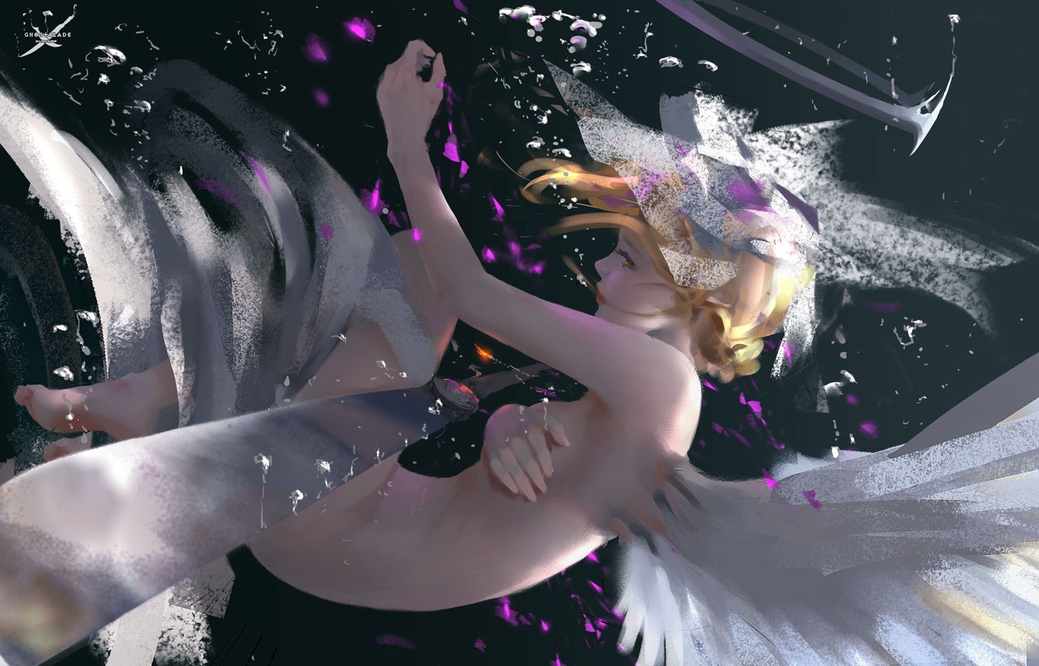 Fantasy art of a woman with wings underwater HD Wallpaper