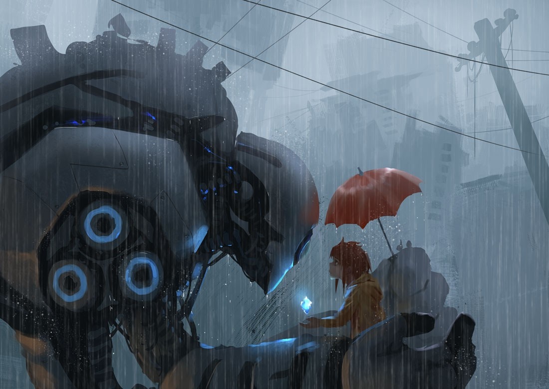 Girl with umbrella next to a giant robot in the rain HD Wallpaper