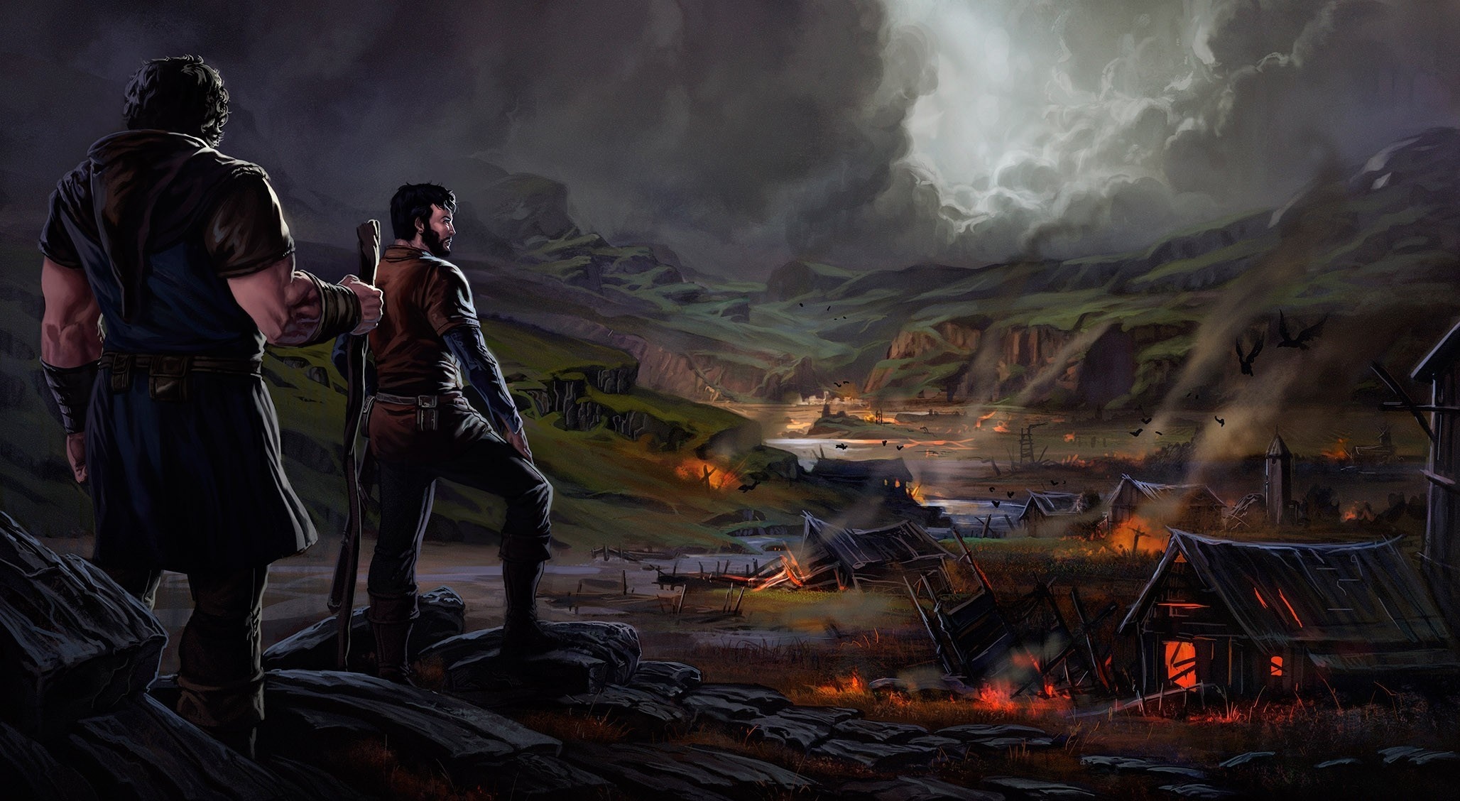 Two men observe a burning village under stormy skies HD Wallpaper
