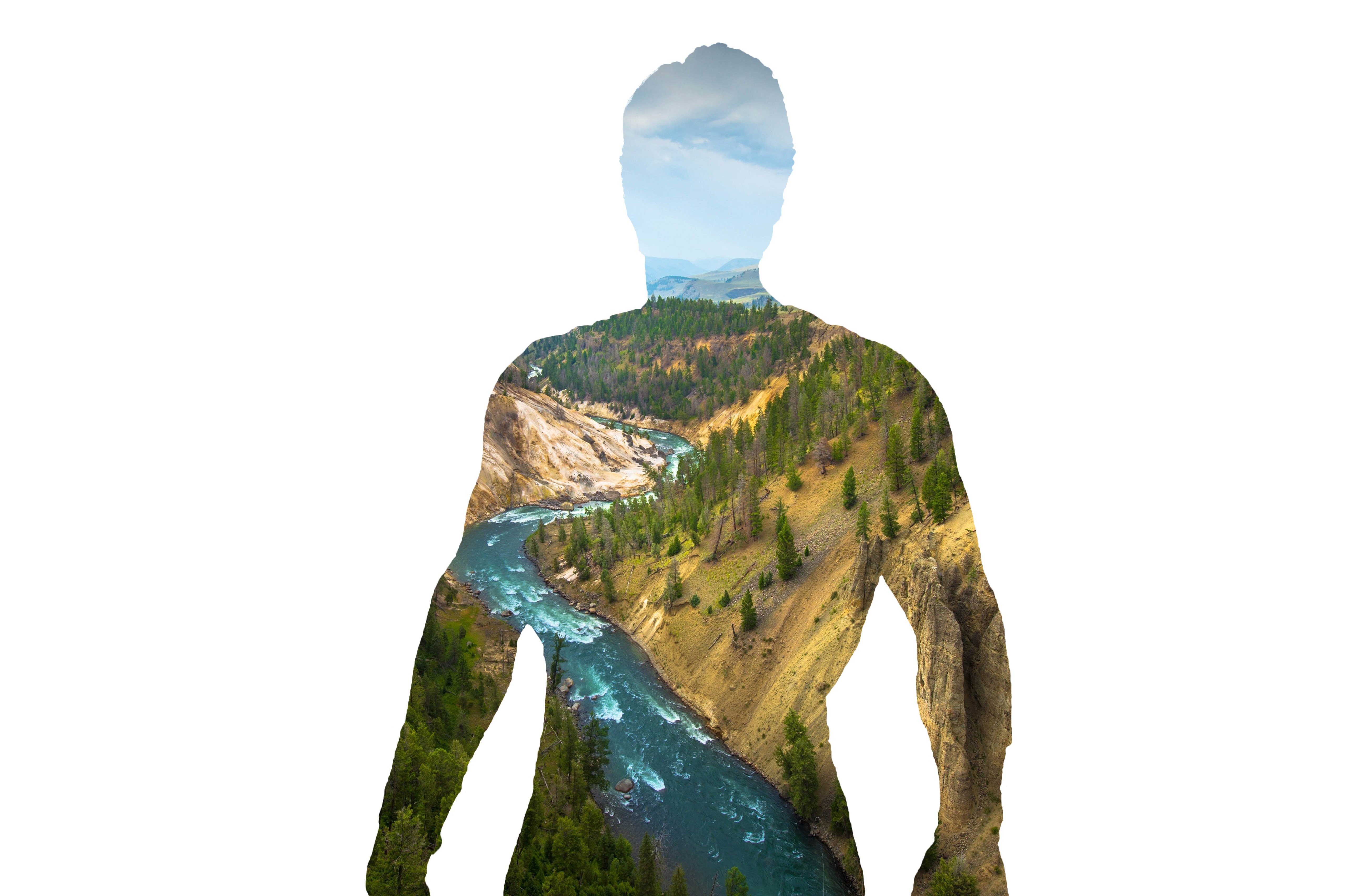 Double exposure of a man silhouette filled with a river landscape HD Wallpaper