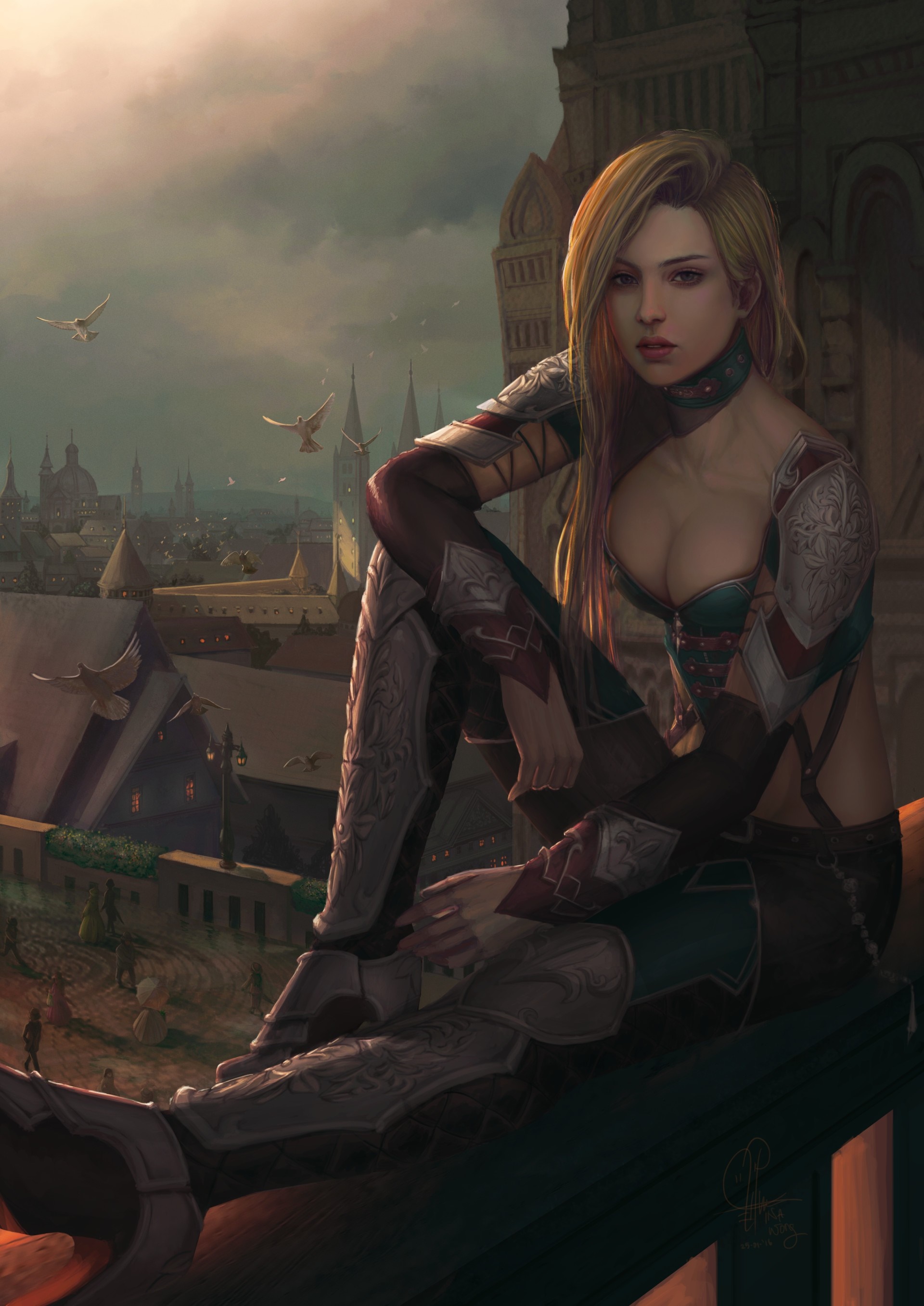 Fantasy warrior woman overlooking a city at dusk HD Wallpaper