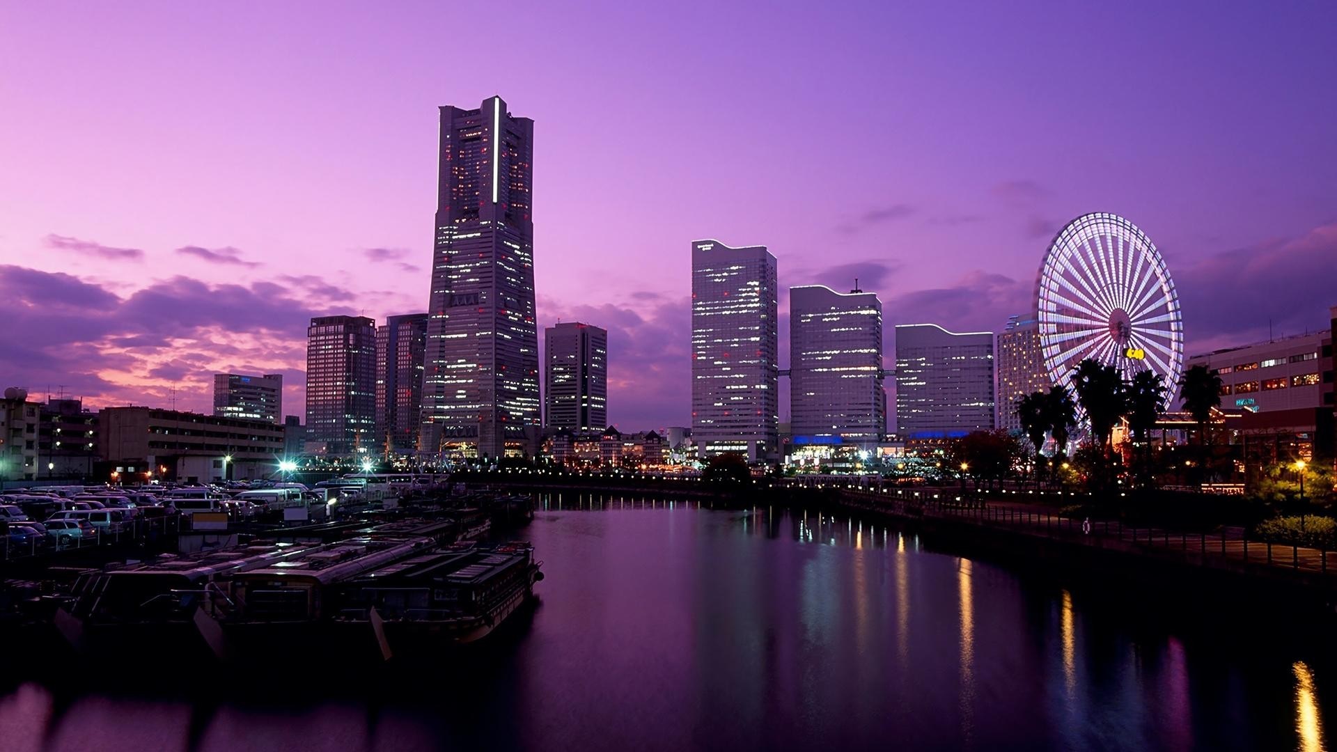 Yokohama cityscape at dusk with Ferris wheel and skyscrapers HD Wallpaper