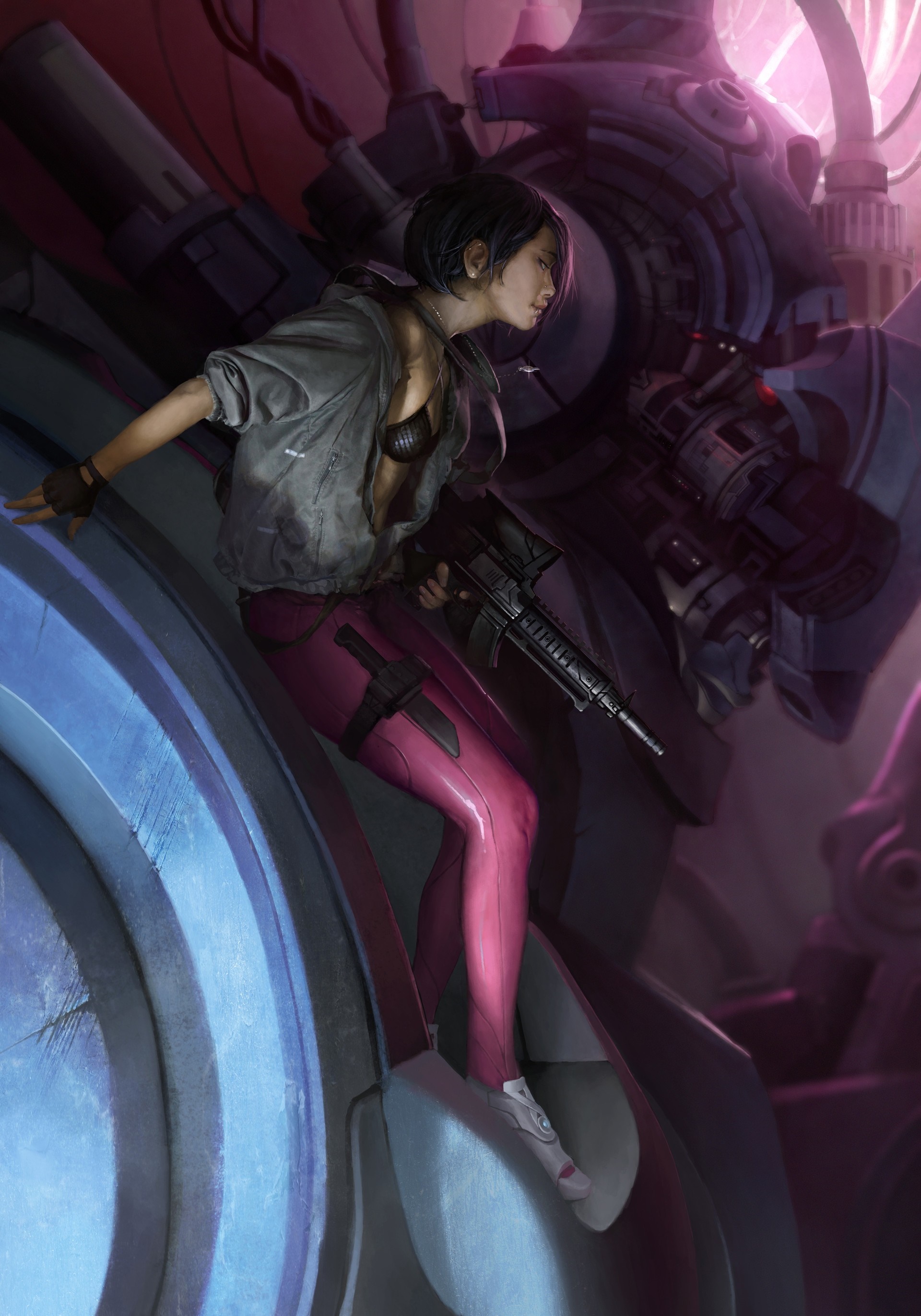 Woman with gun in a futuristic setting HD Wallpaper