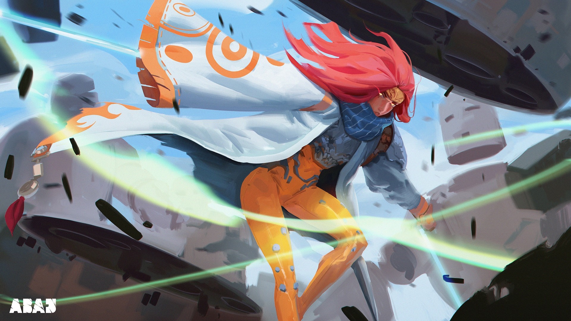 Anime character with red hair and orange outfit in battle HD Wallpaper