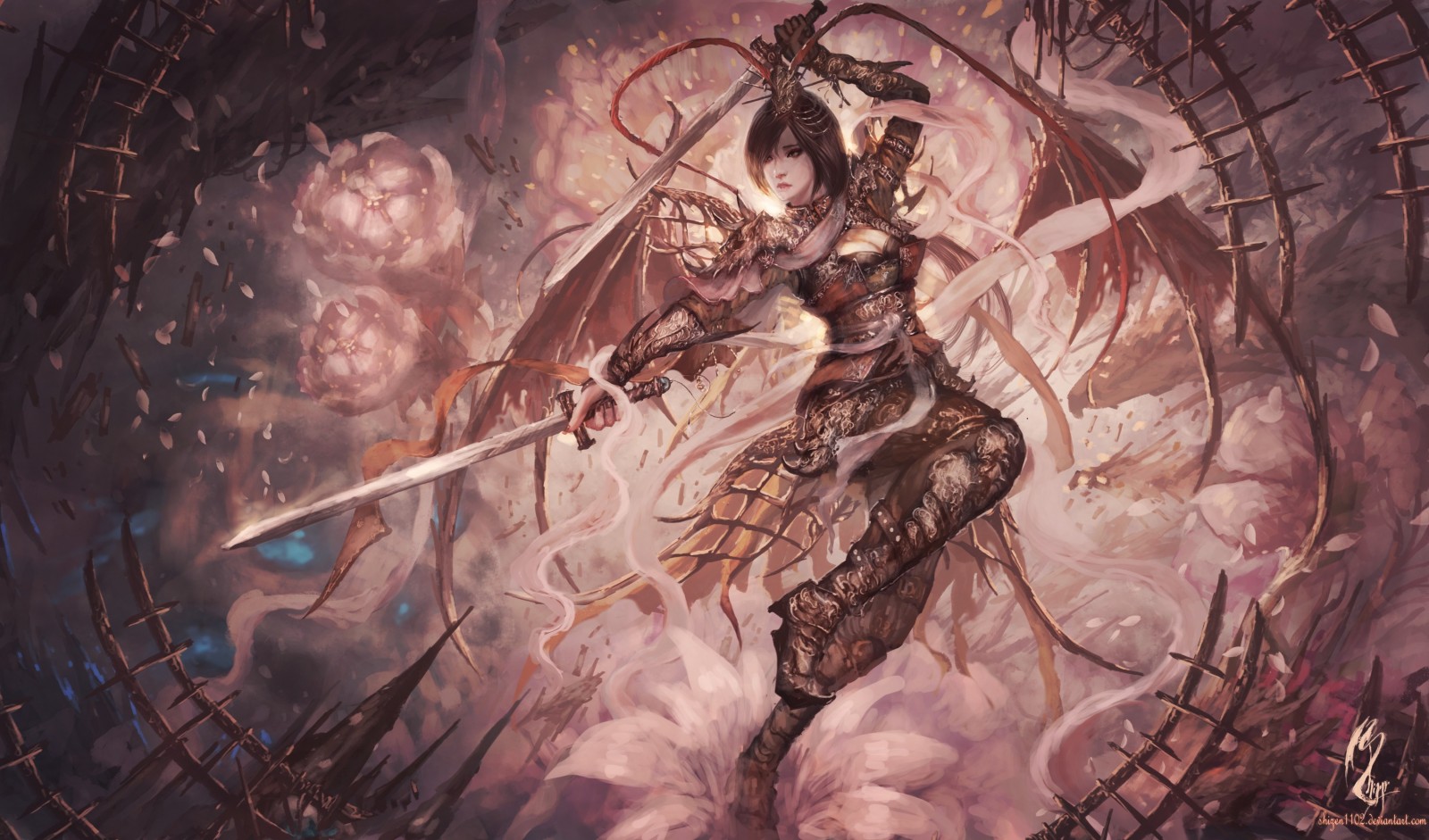 Fantasy warrior woman with swords and wings HD Wallpaper