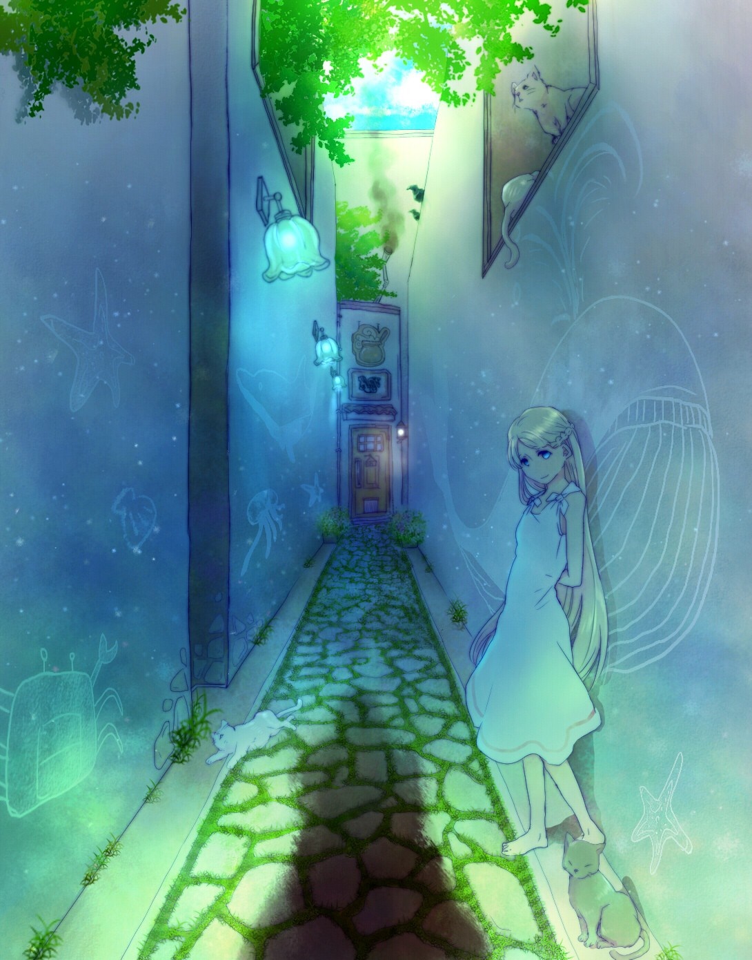 Anime girl in a magical alley with cats and sea creatures HD Wallpaper