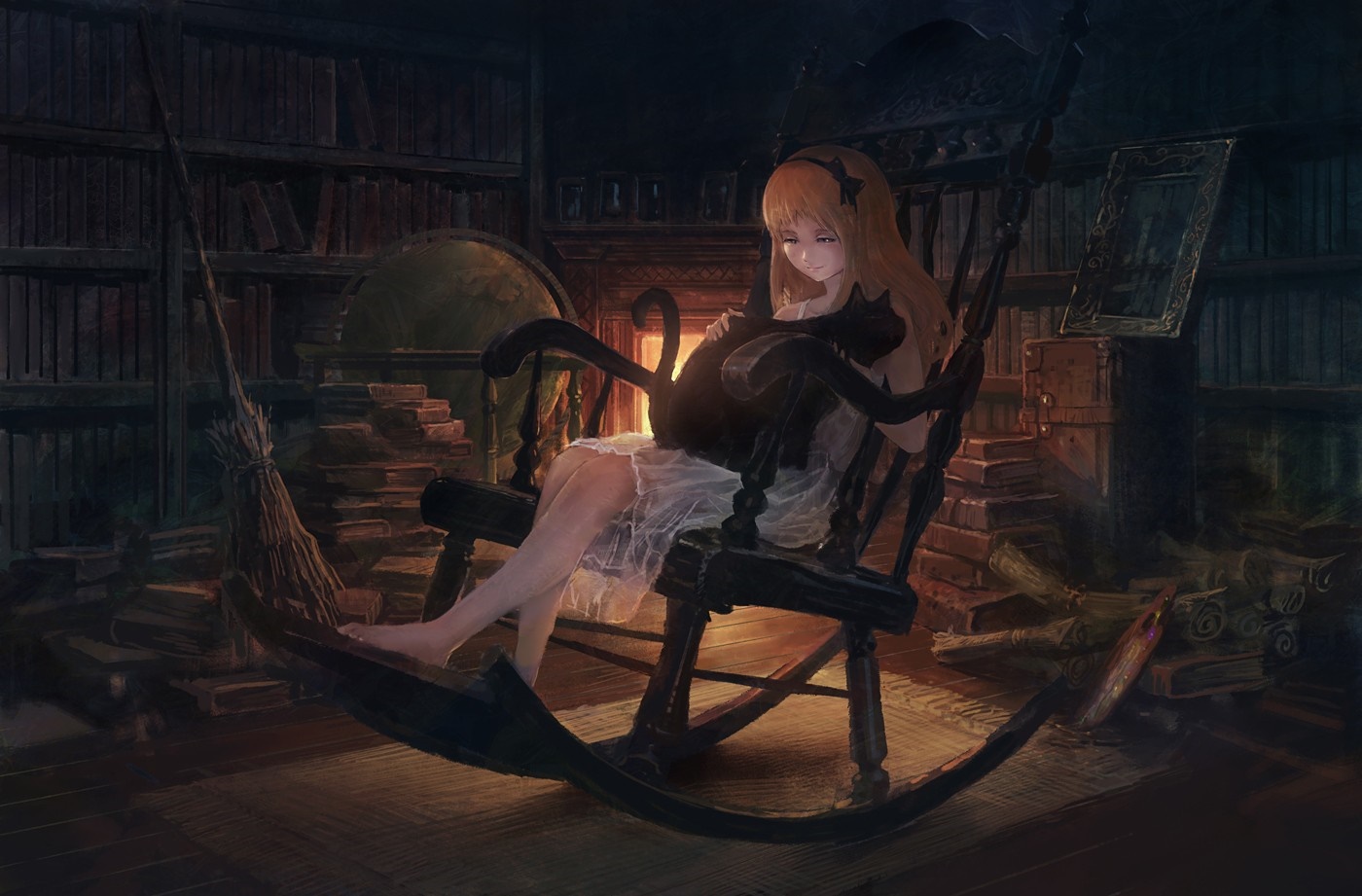 Girl with black cat in a rocking chair HD Wallpaper