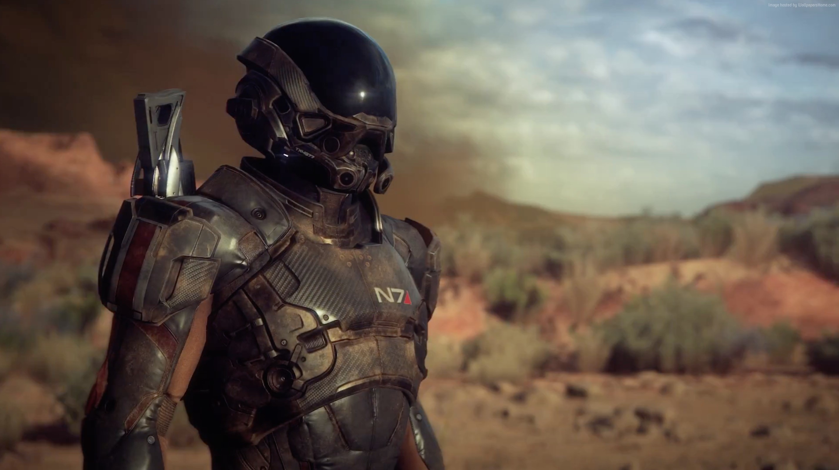 Commander Shepard from Mass Effect in a desert landscape HD Wallpaper