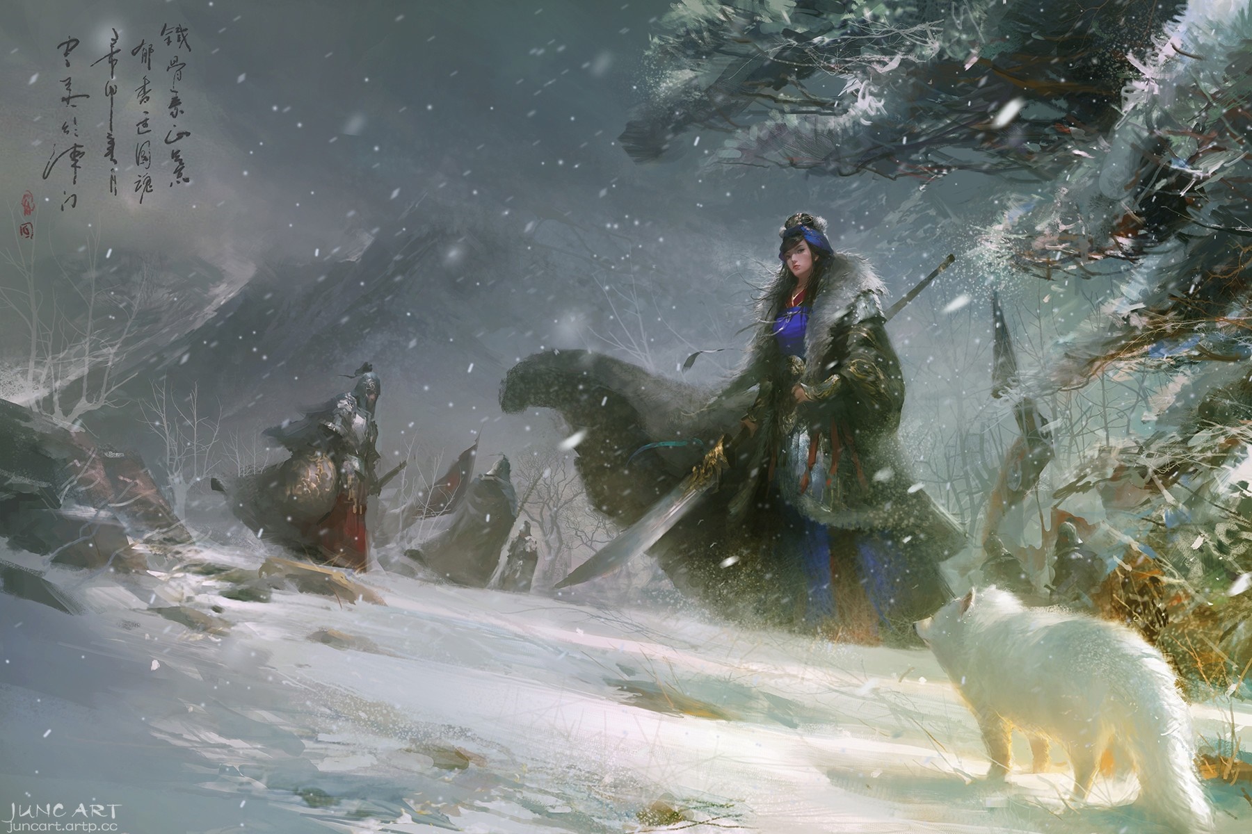 Fantasy art of warriors in a snowy landscape with a wolf HD Wallpaper
