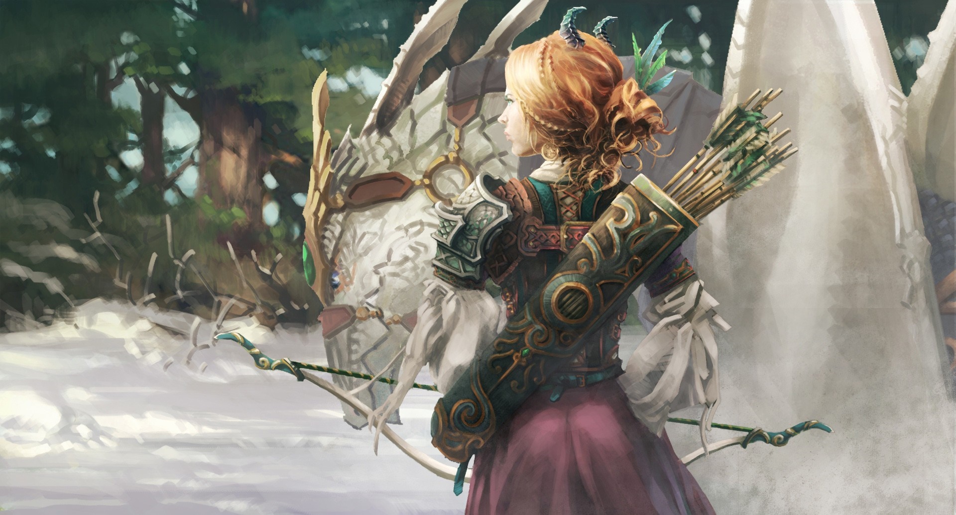 Fantasy Archer with Dragon Companion in Forest HD Wallpaper