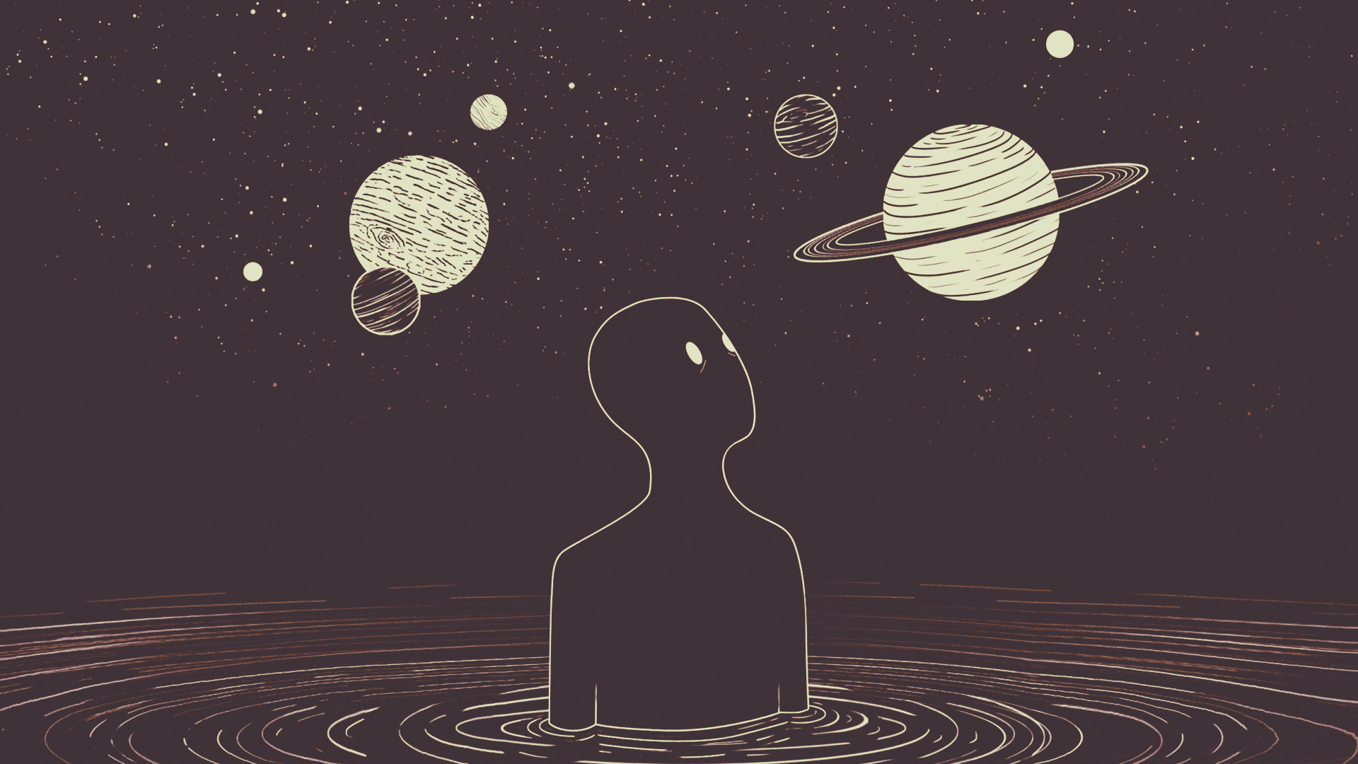 Illustration of a figure in water looking at planets in space HD Wallpaper