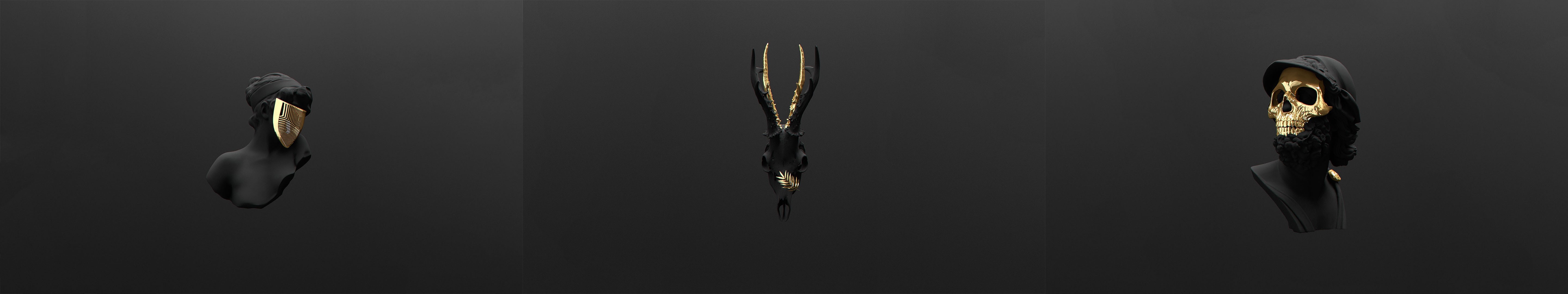 Busts with gold masks and skull with gold face HD Wallpaper