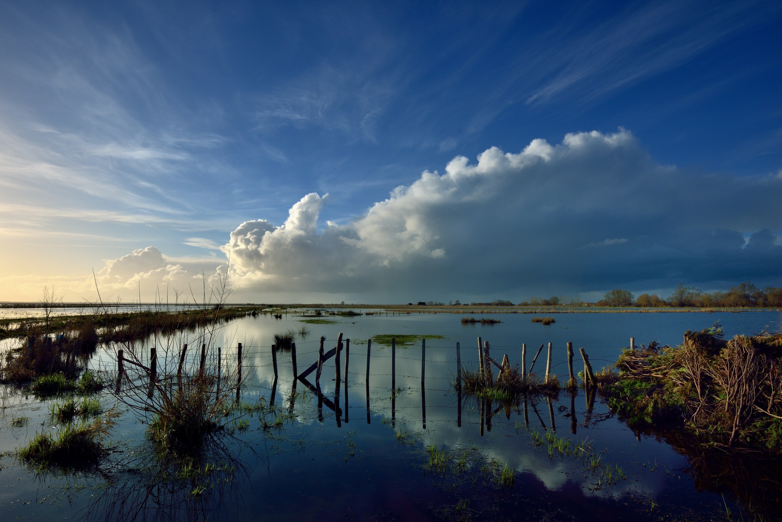 Flooded landscape with dramatic clouds and reflections HD Wallpaper