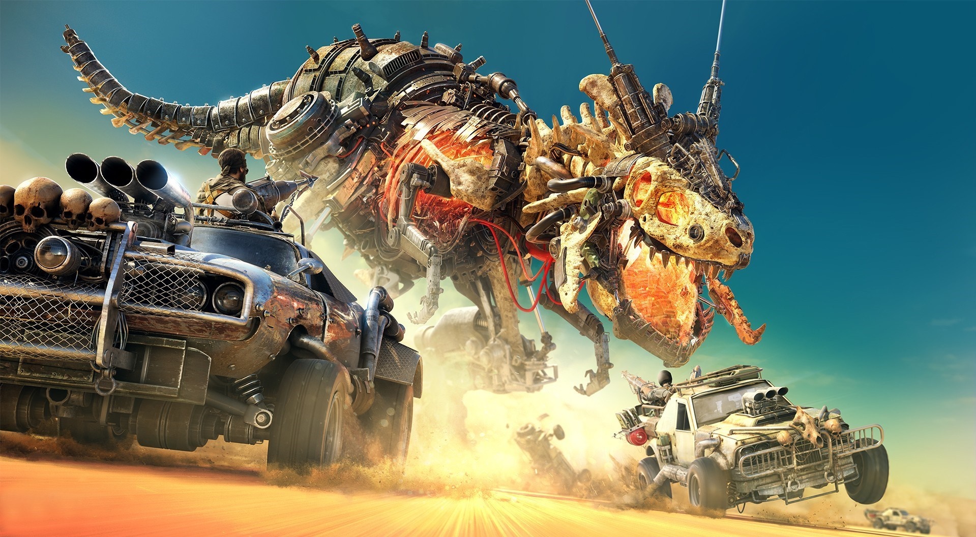 Mad Max: Fury Road artwork featuring vehicles and a mechanical creature HD Wallpaper