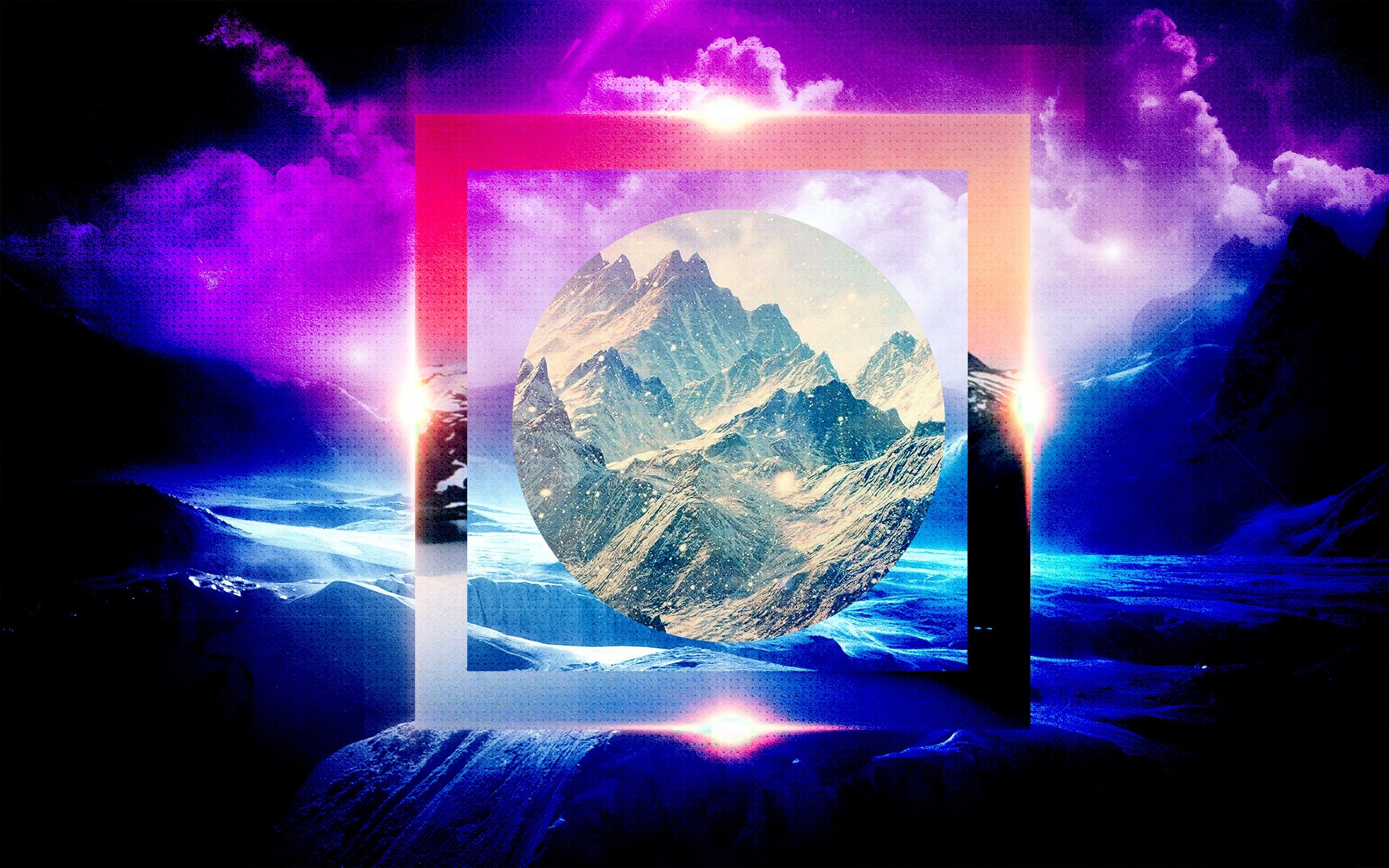 Surreal mountain landscape with geometric shapes and light flares HD Wallpaper