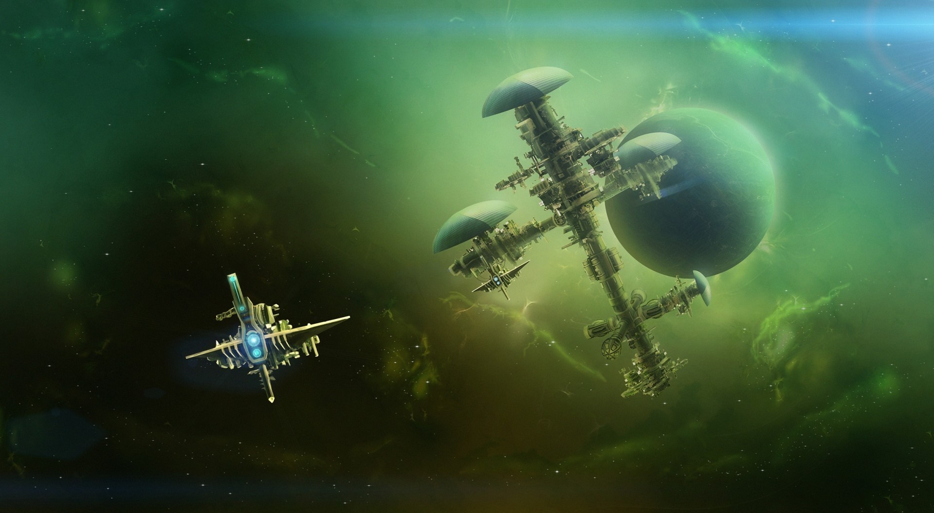 Spaceship and space station near a planet HD Wallpaper