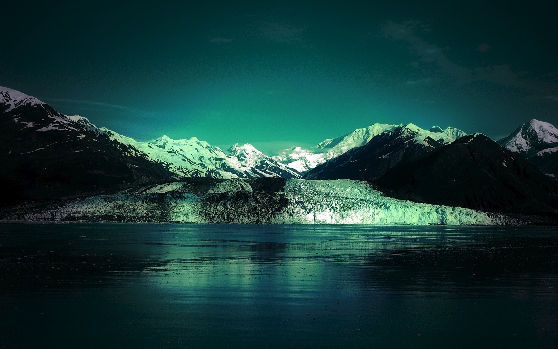 Snow-capped mountains and glacier over a dark body of water HD Wallpaper