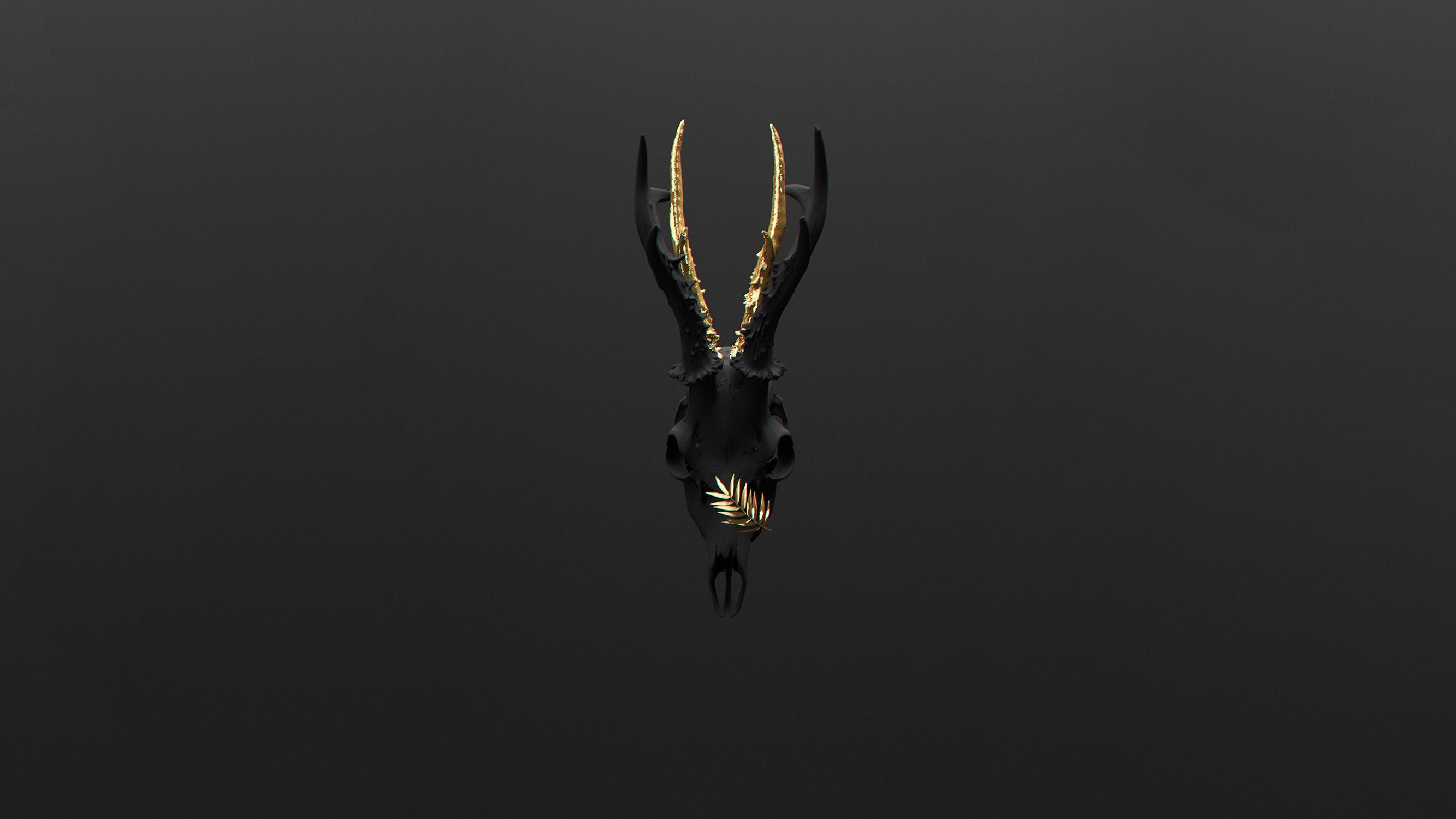 Black deer skull with gold antlers and leaf HD Wallpaper