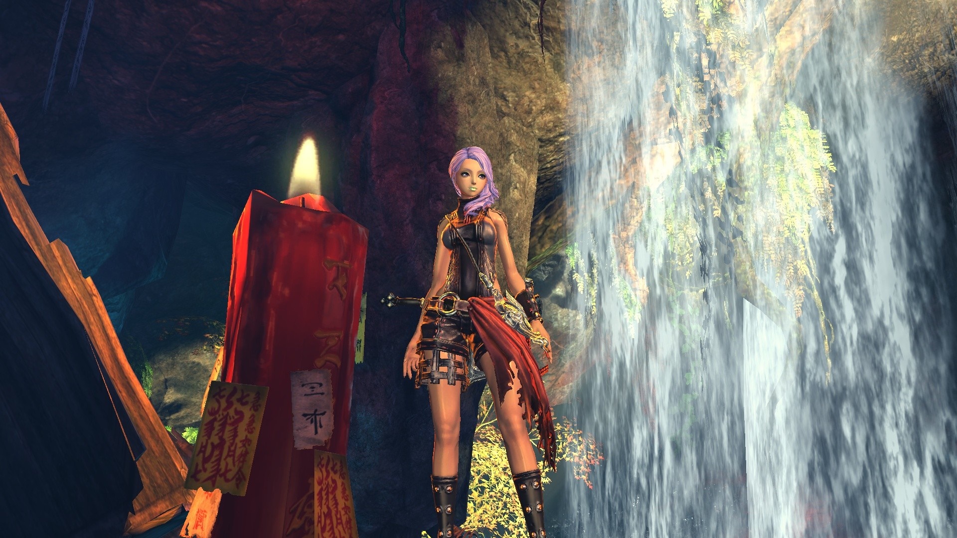 Woman in fantasy armor near waterfall and candle HD Wallpaper