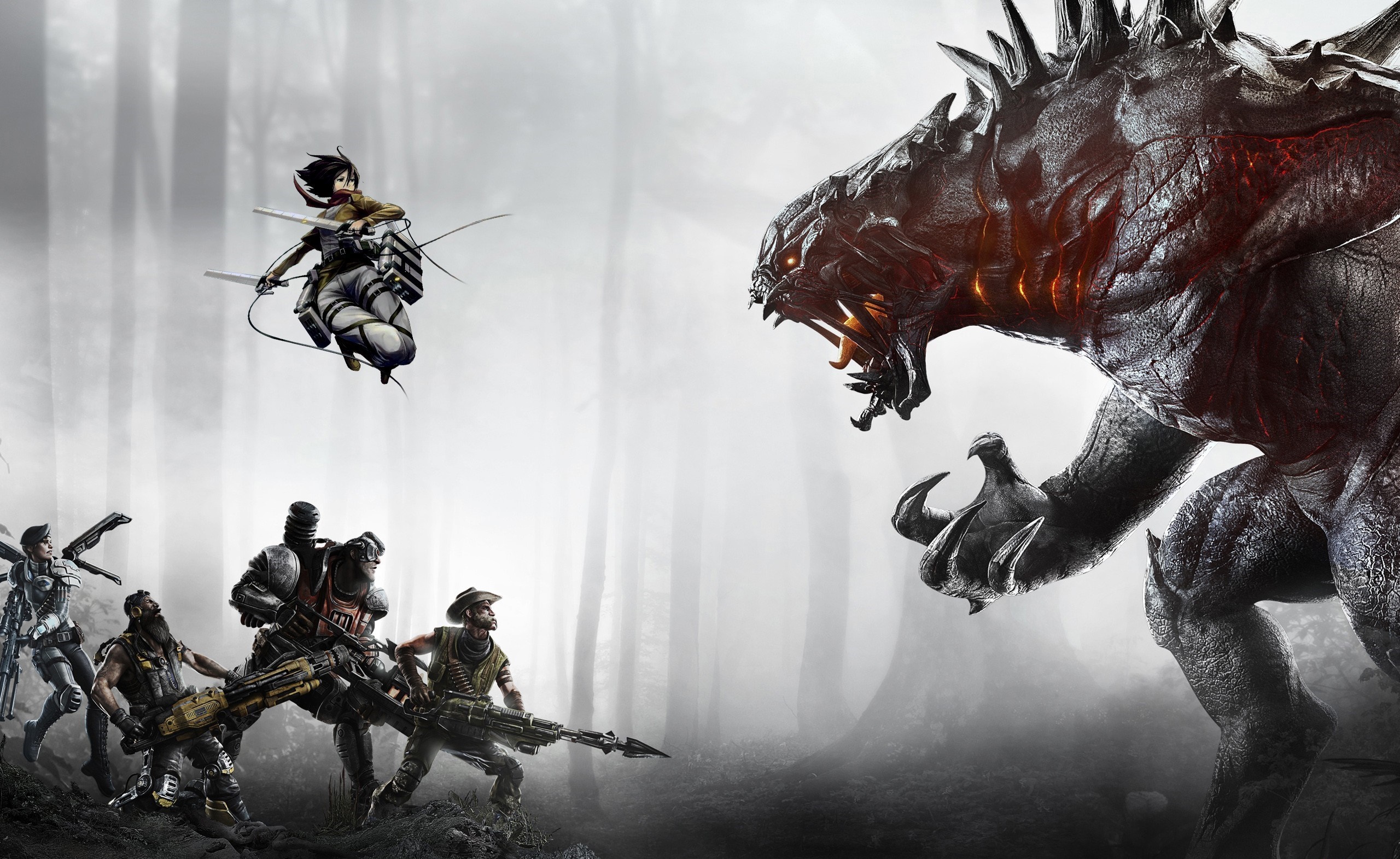 Mikasa Ackerman and soldiers fight a monster from Evolve HD Wallpaper