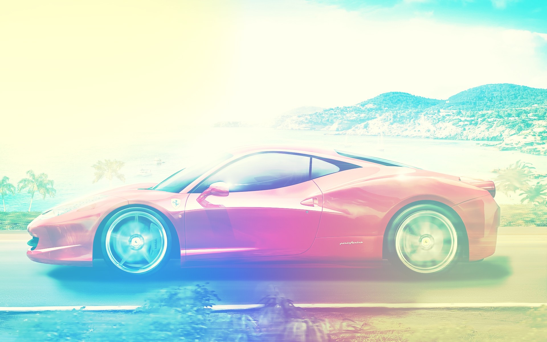 Red Ferrari 458 driving on a coastal road HD Wallpaper