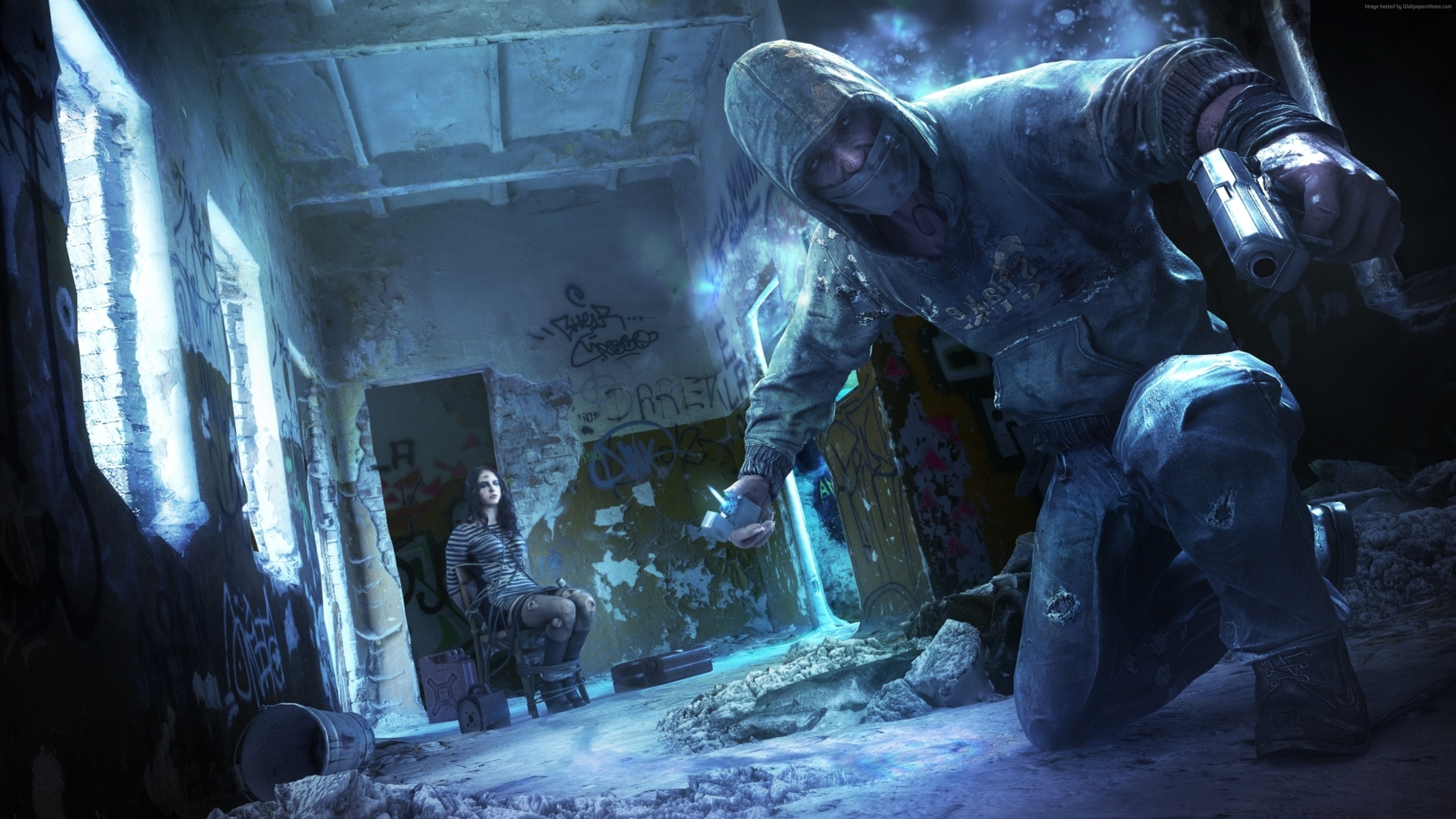 Man with gun in ruined building, woman in chair HD Wallpaper