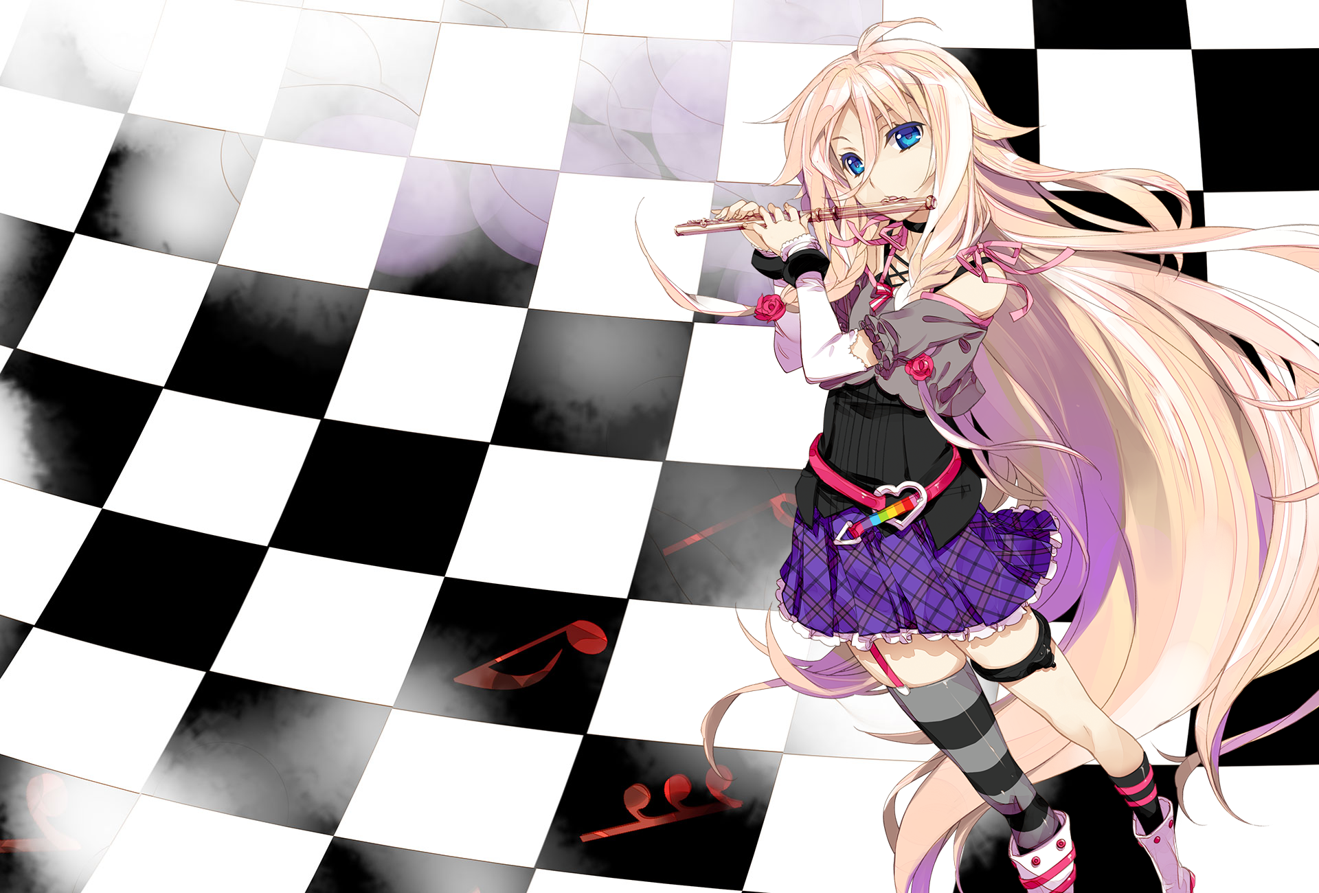 IA Vocaloid playing flute on a checkered background HD Wallpaper