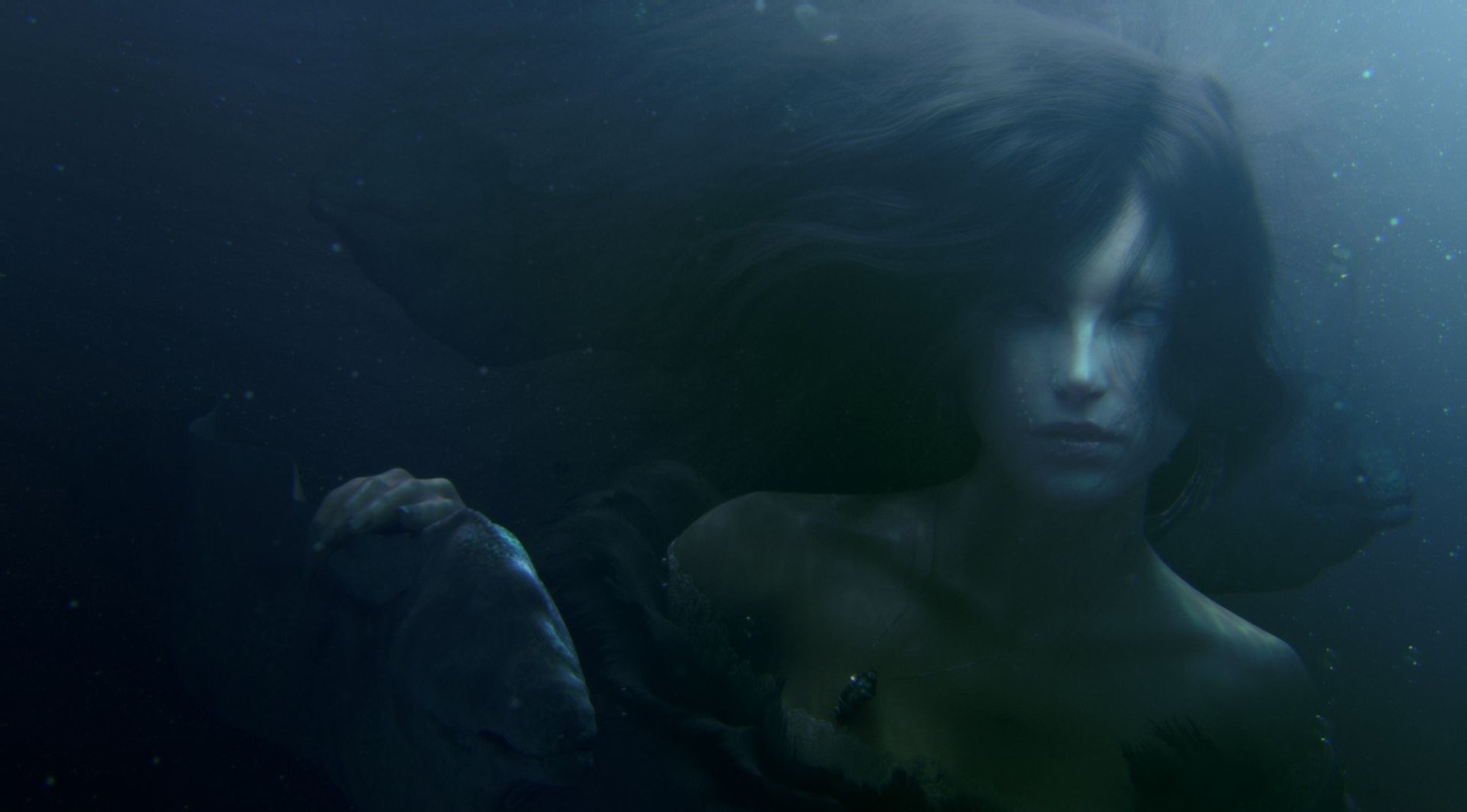 Woman and fish underwater HD Wallpaper