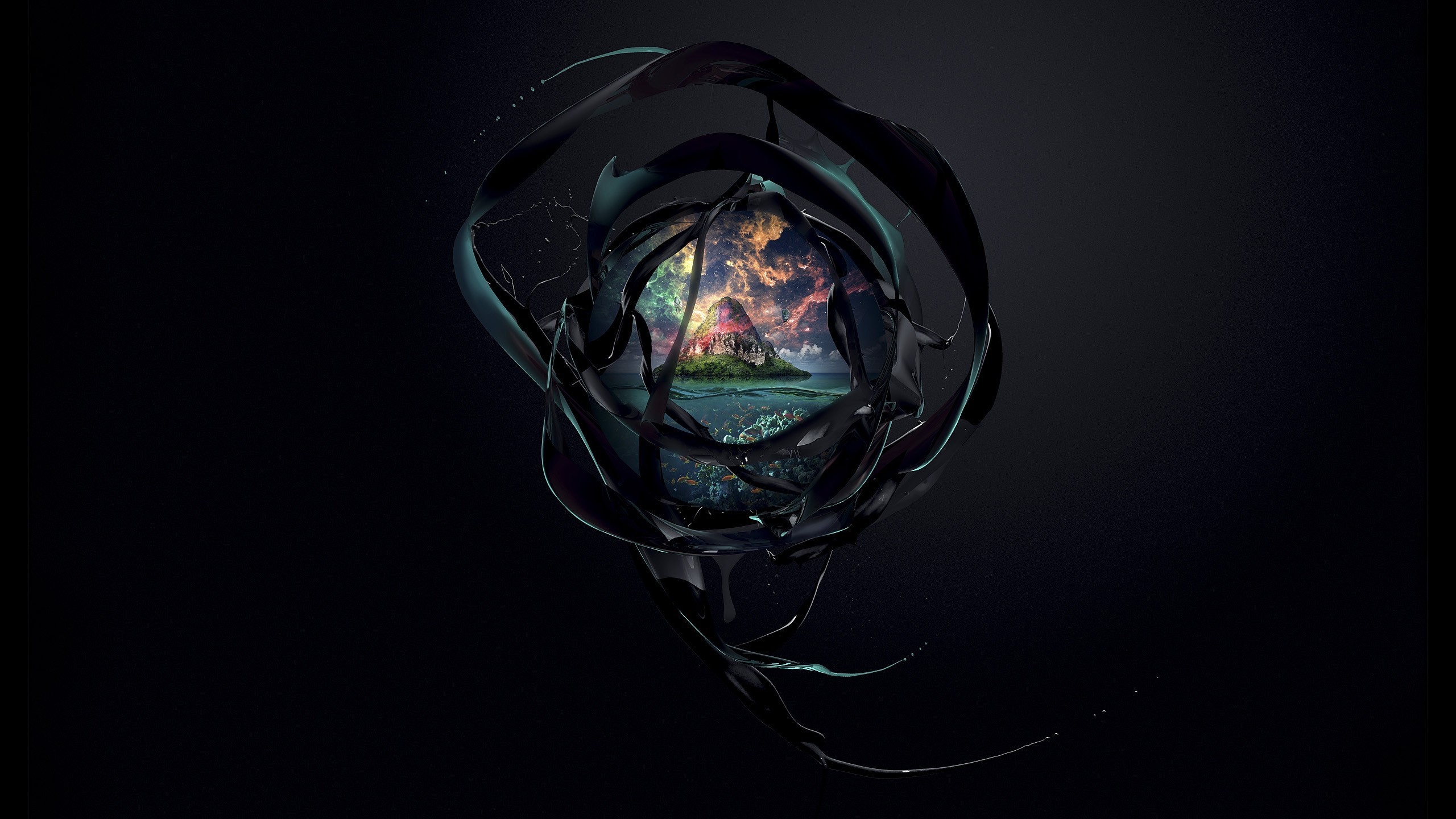 Abstract sphere with island landscape inside HD Wallpaper