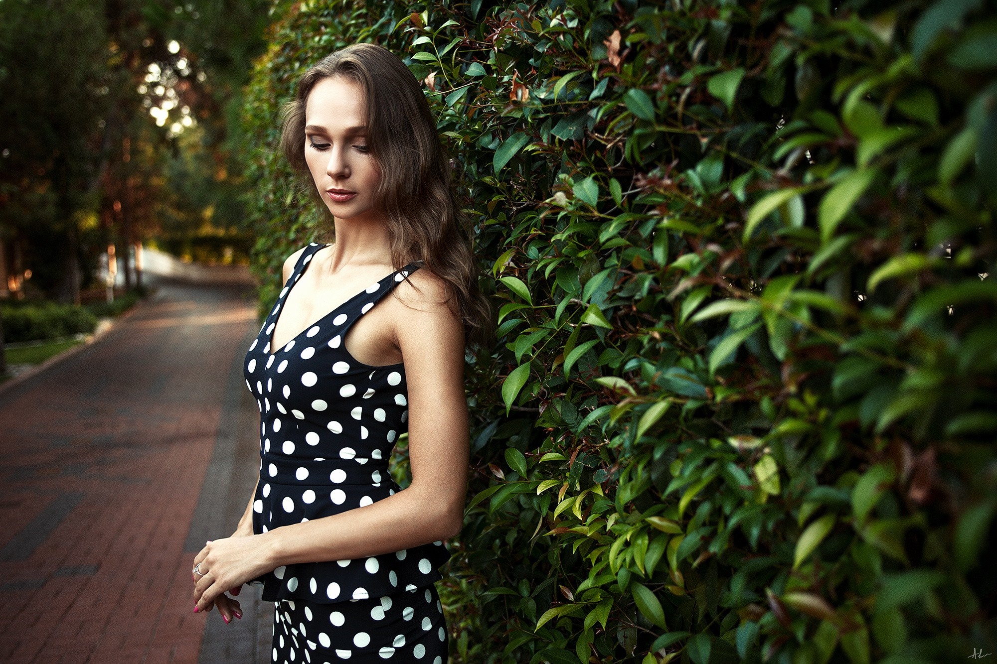 Woman in polka dot dress by a hedge HD Wallpaper