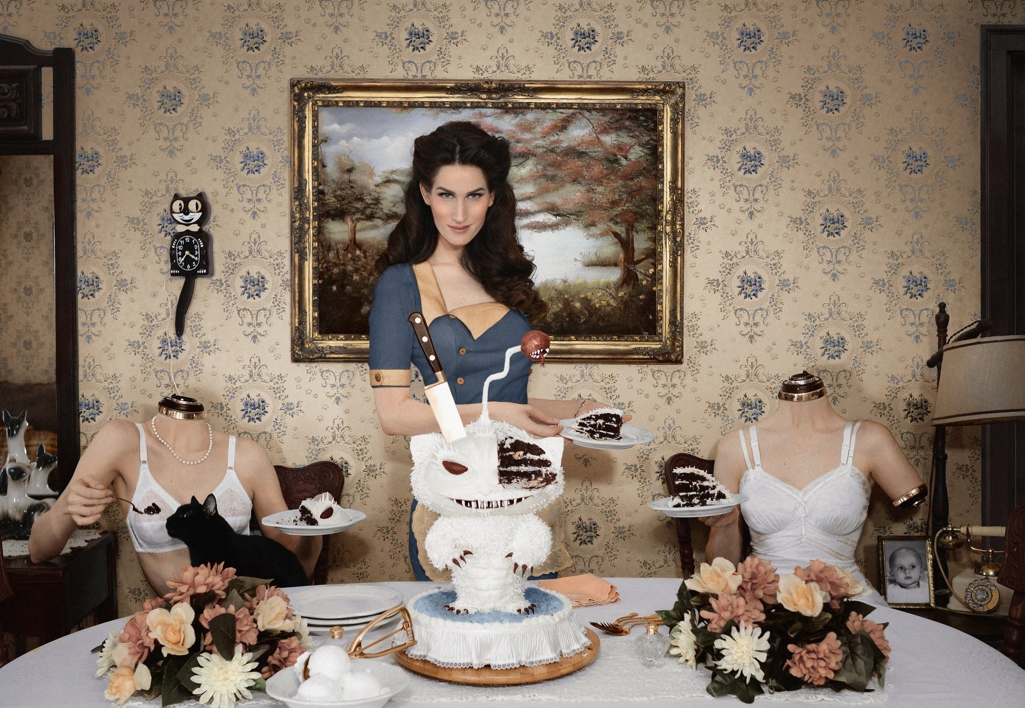 Christine H McConnell serving cake to headless mannequins HD Wallpaper