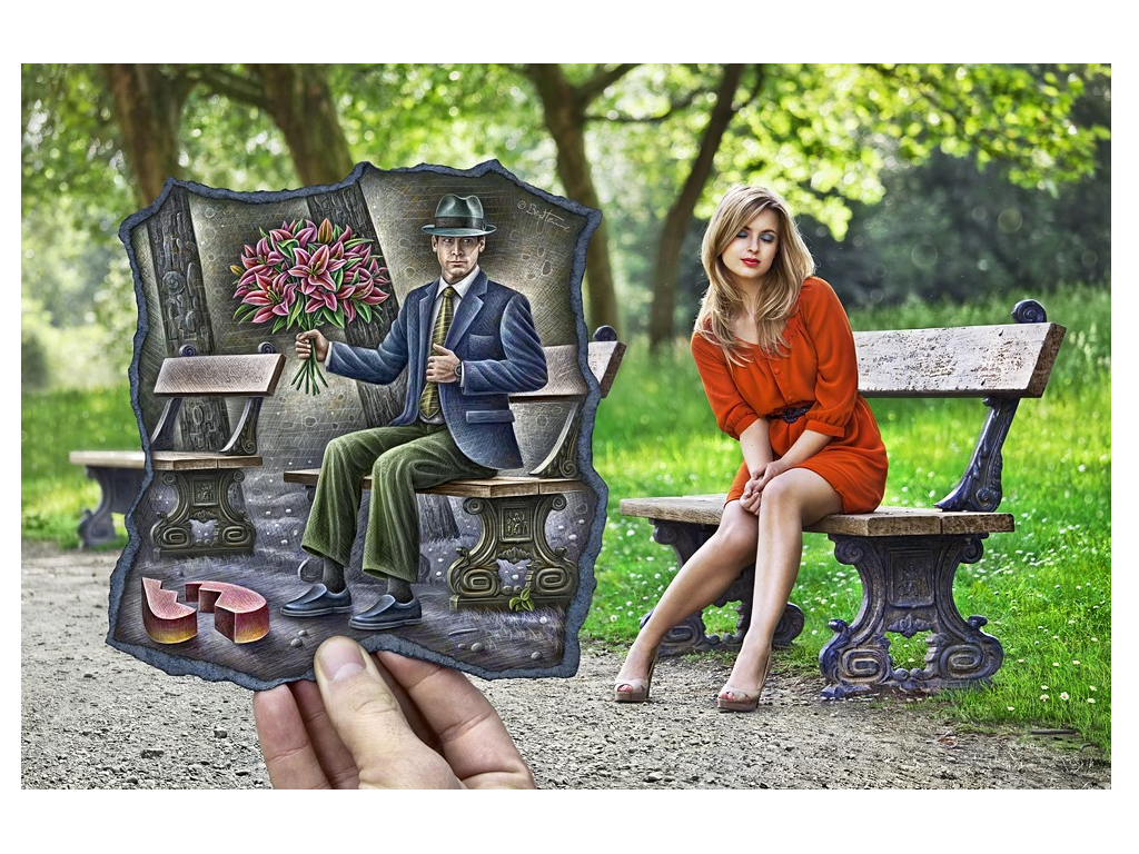 Man with flowers and woman on bench in park HD Wallpaper