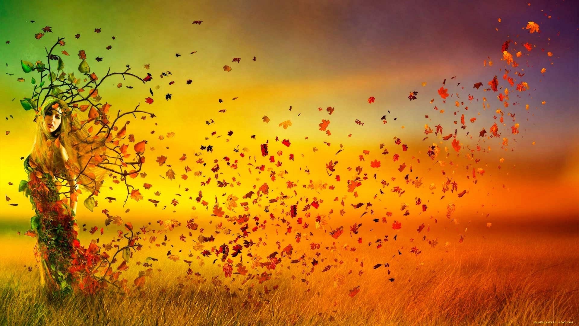 Fantasy art of a woman with autumn leaves HD Wallpaper