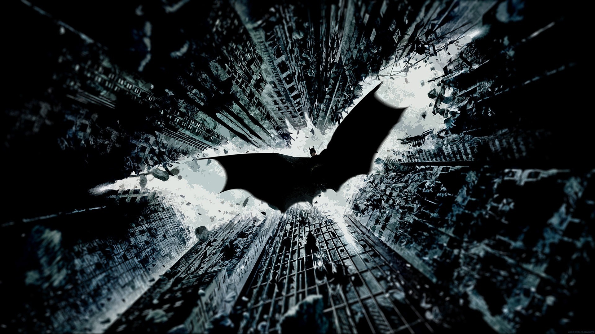 Batman flying over a destroyed city HD Wallpaper
