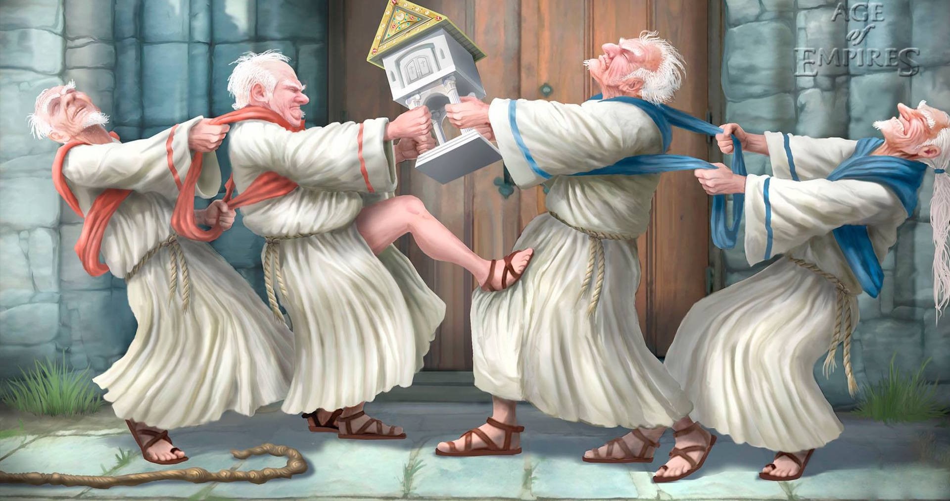 Age of Empires monks fighting over a building statue HD Wallpaper