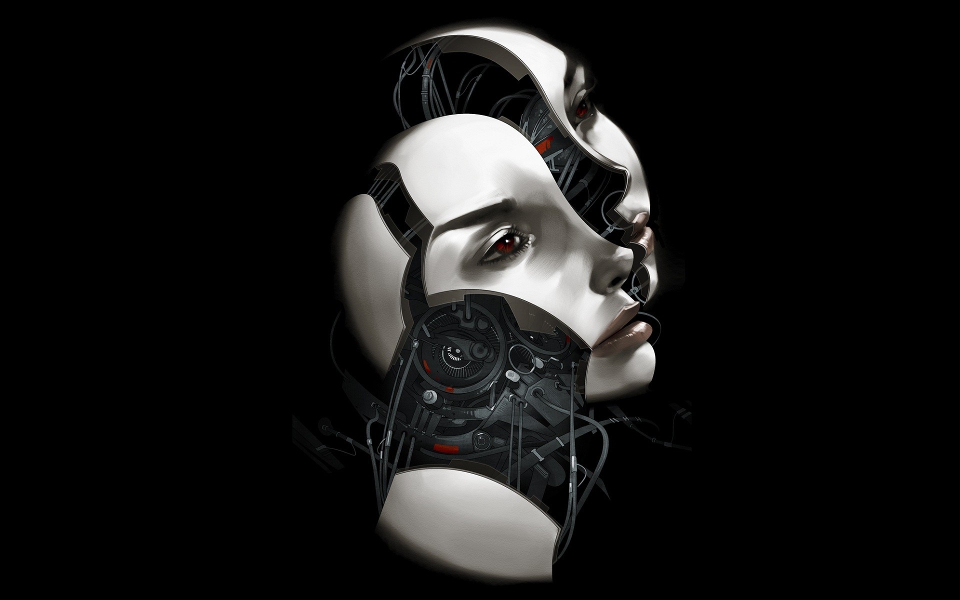 Digital art of a robotic face with exposed machinery HD Wallpaper