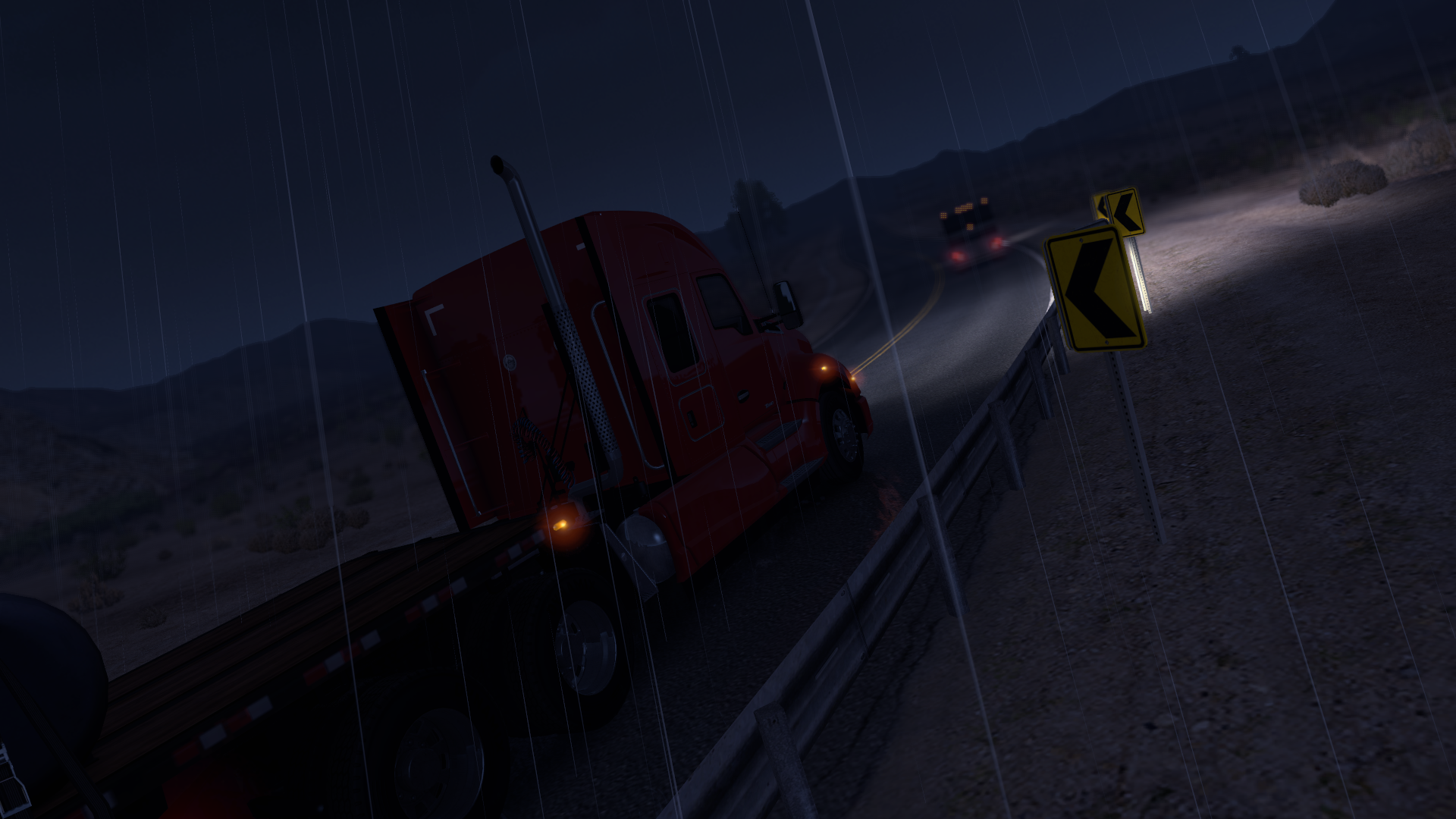 Red semi-truck driving on a wet road at night in American Truck Simulator HD Wallpaper