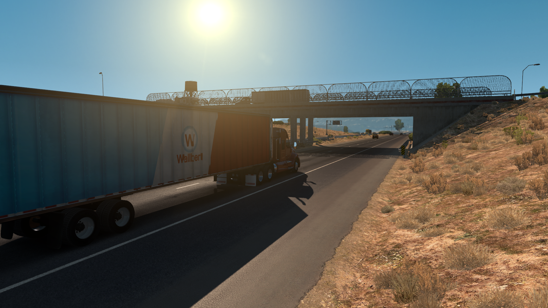 American Truck Simulator: Truck on Highway Under Bridge HD Wallpaper