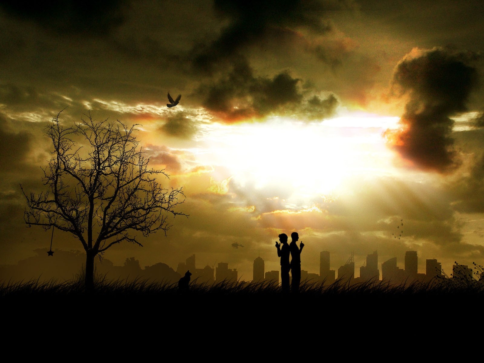 Silhouettes of a couple and a city skyline at sunset HD Wallpaper