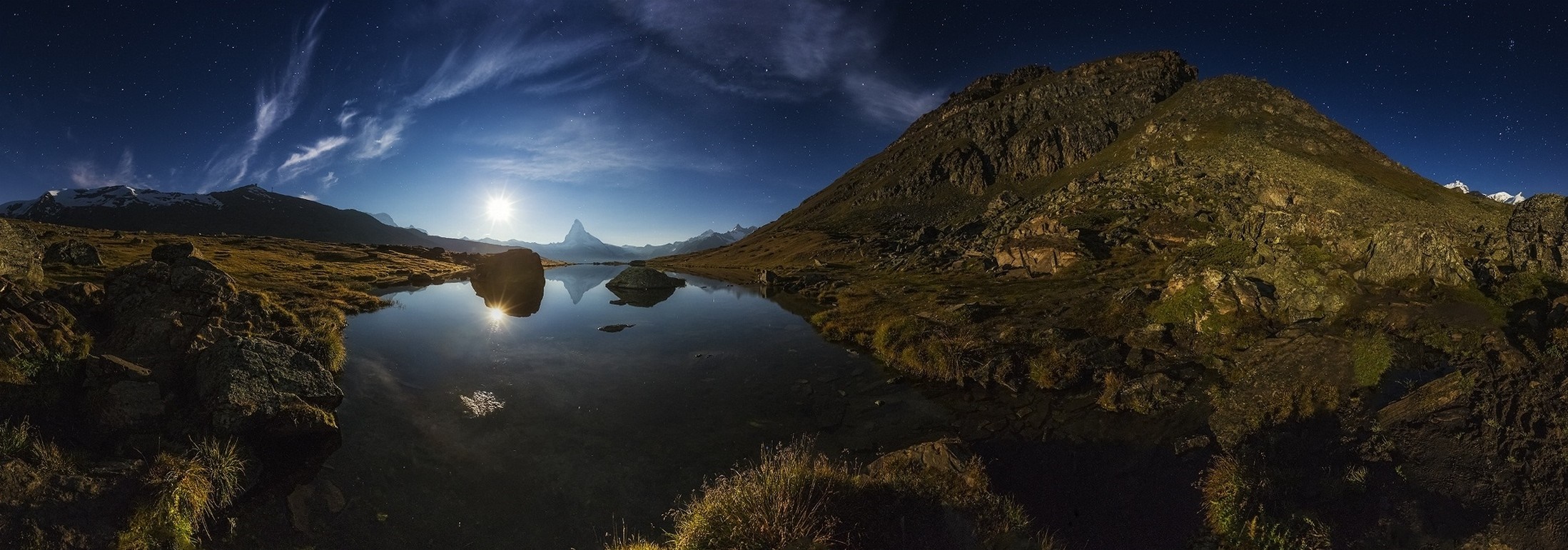 Matterhorn mountain reflected in a lake under moonlight HD Wallpaper