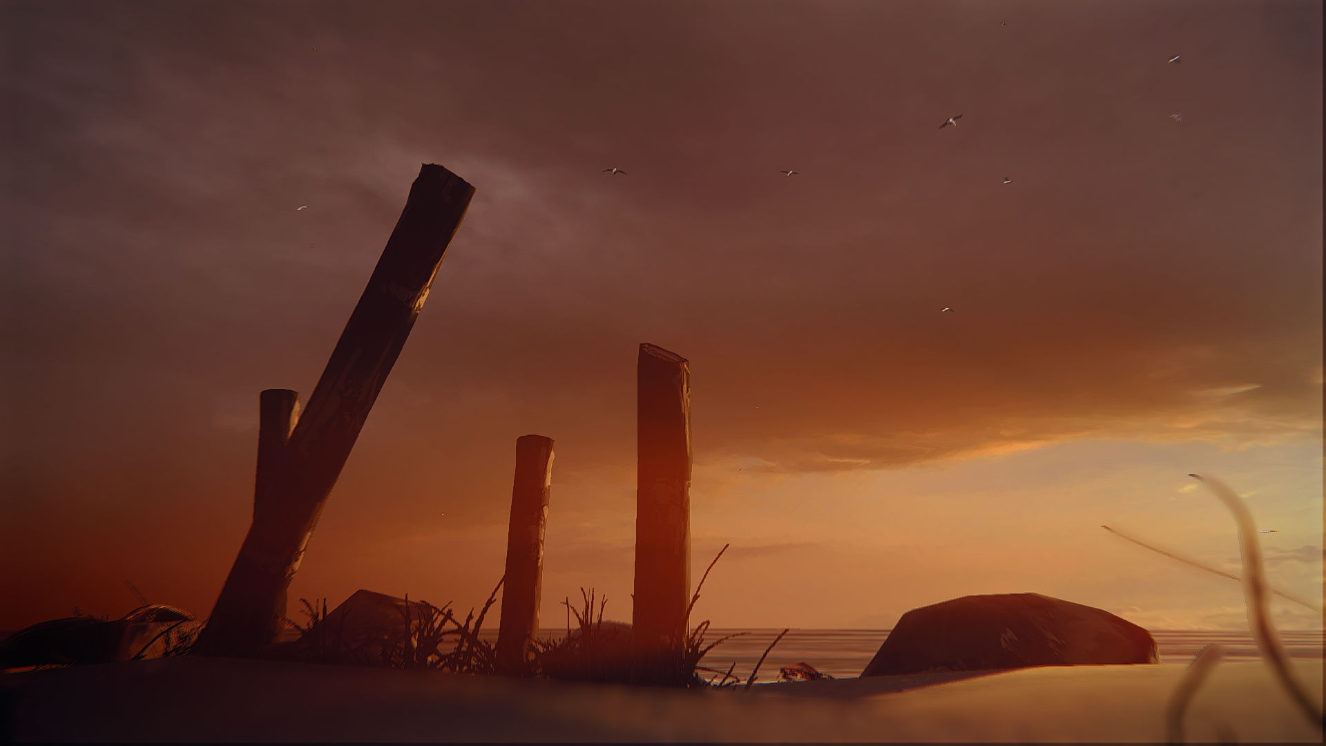 Sunset over a beach with wooden posts HD Wallpaper