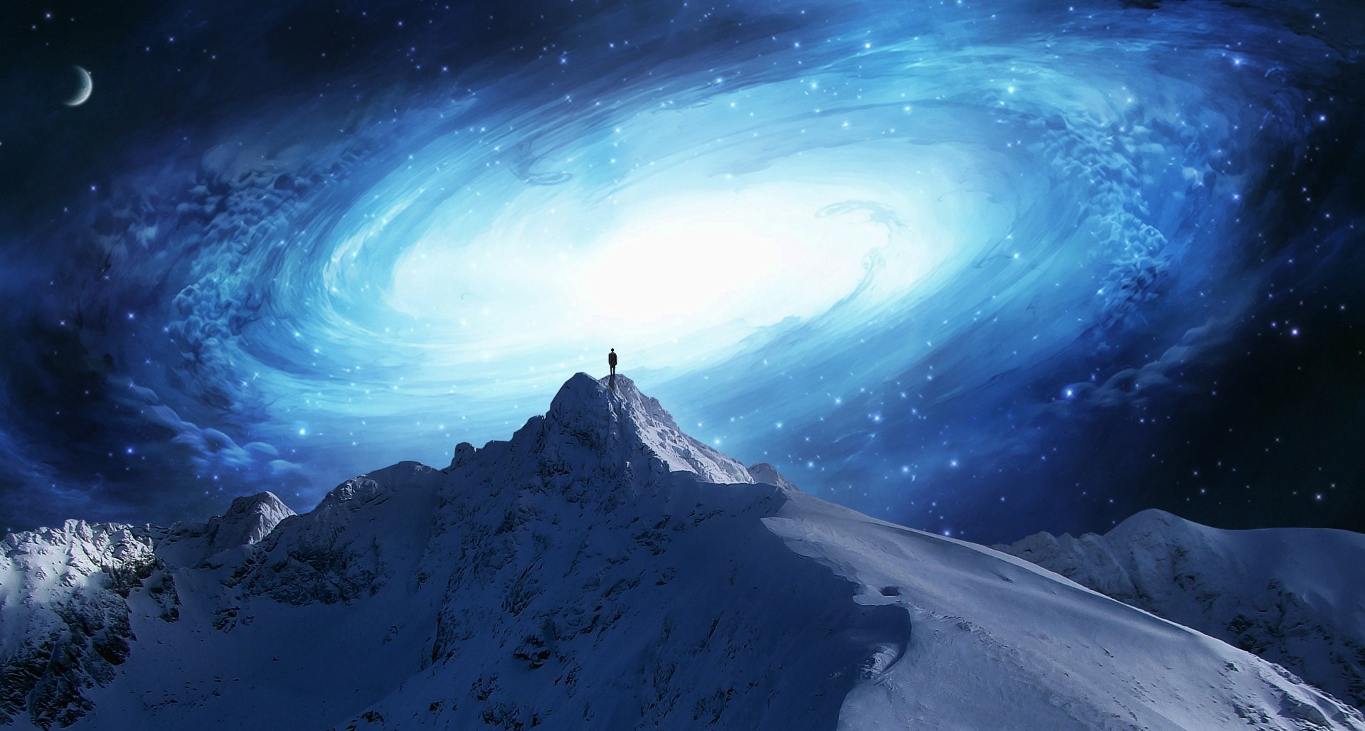 Man on mountain peak overlooking galaxy HD Wallpaper